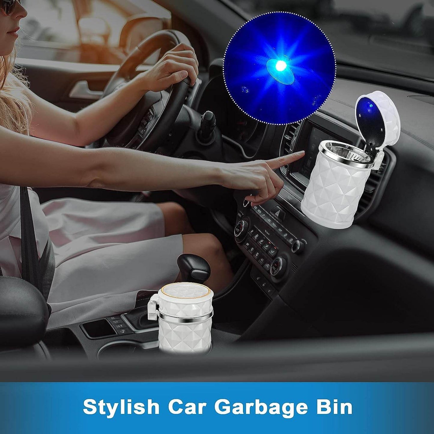 Car Cupholder Travel Ashtray with Lid and LED Light, Portable with Blue LED Light Ideal Decorative Cigar Ash Bucket, Cigarette Ashtray, Car Waste Bin - infinityexculsivestore.com