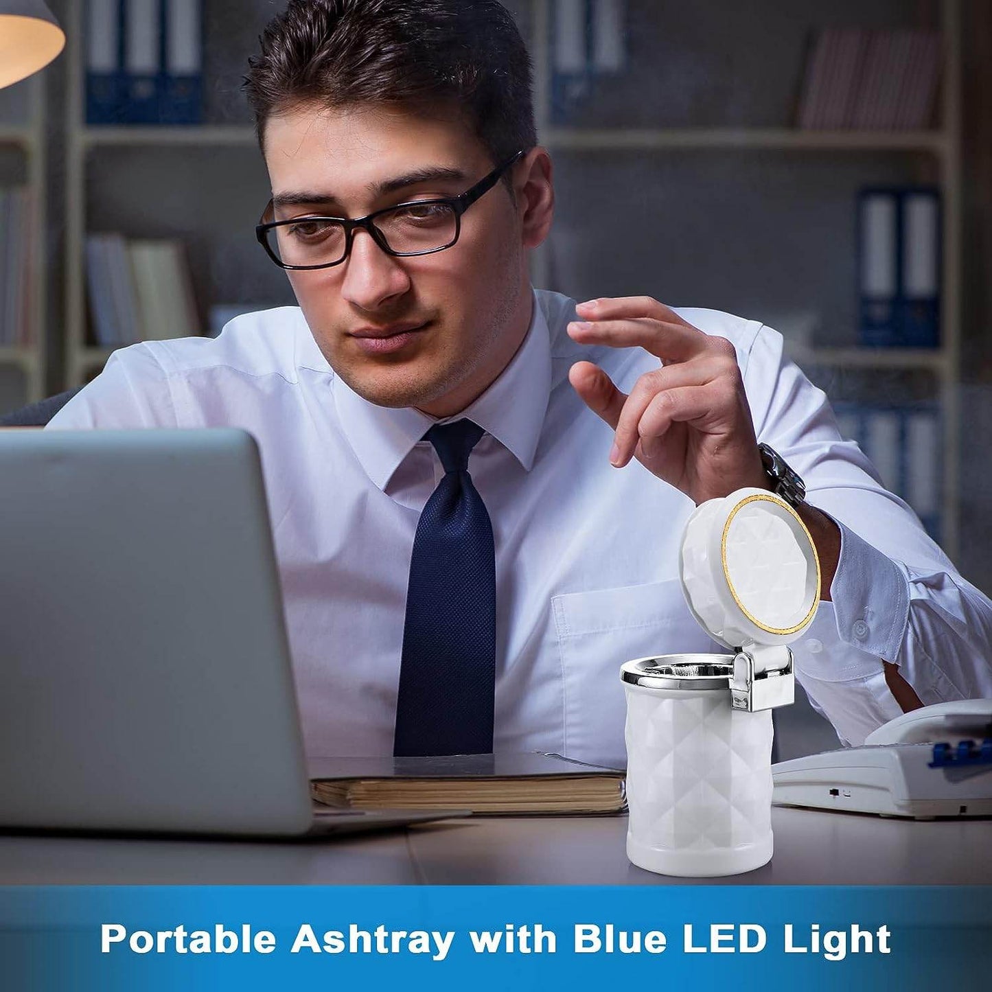 Car Cupholder Travel Ashtray with Lid and LED Light, Portable with Blue LED Light Ideal Decorative Cigar Ash Bucket, Cigarette Ashtray, Car Waste Bin - infinityexculsivestore.com