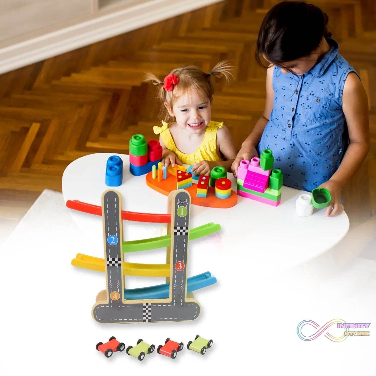 Car Racer Track Play set Wooden Click Clack Toys With 4 Mini Racers (1 Set) - infinityexculsivestore.com