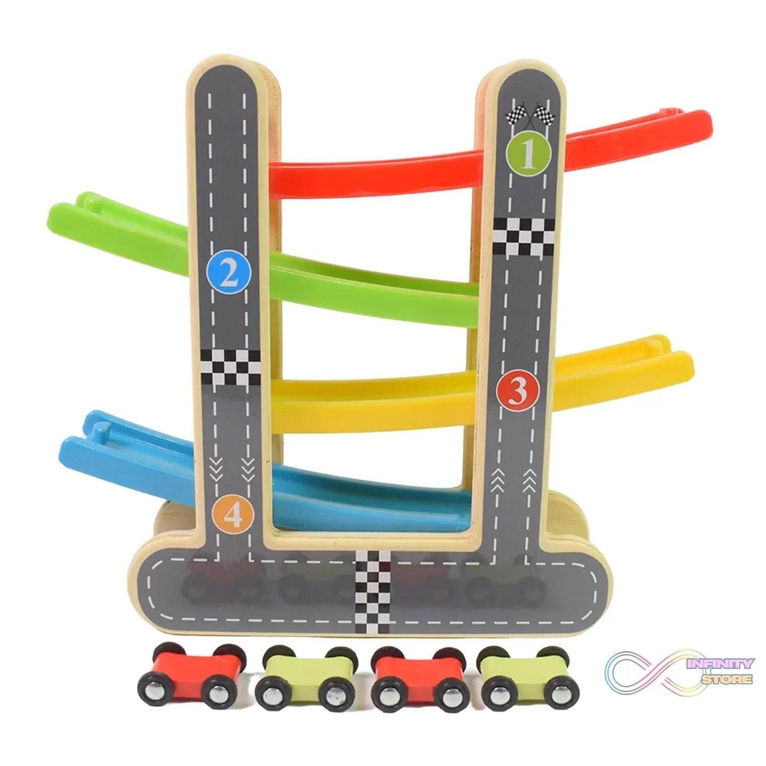 Car Racer Track Play set Wooden Click Clack Toys With 4 Mini Racers (1 Set) - infinityexculsivestore.com