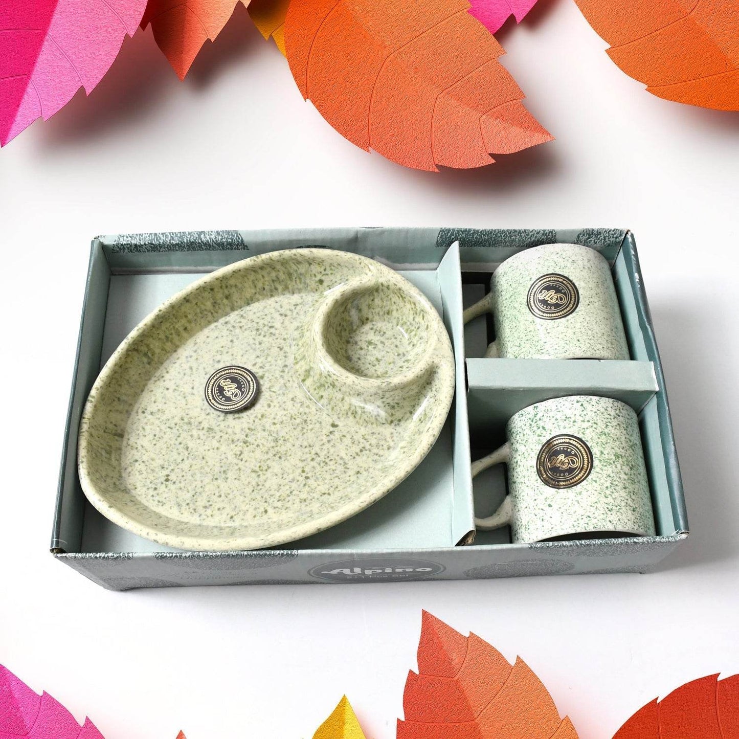 Alpino Ceramic Tea / Cups Set With Plastic Serving 2 Compartment Platter, Milk Cup / Mug, Coffee Cup, Tea Cup BPA Free Food Grade, or Outdoor for Household Gift For Birthday (3 Pcs Set) - infinityexculsivestore.com