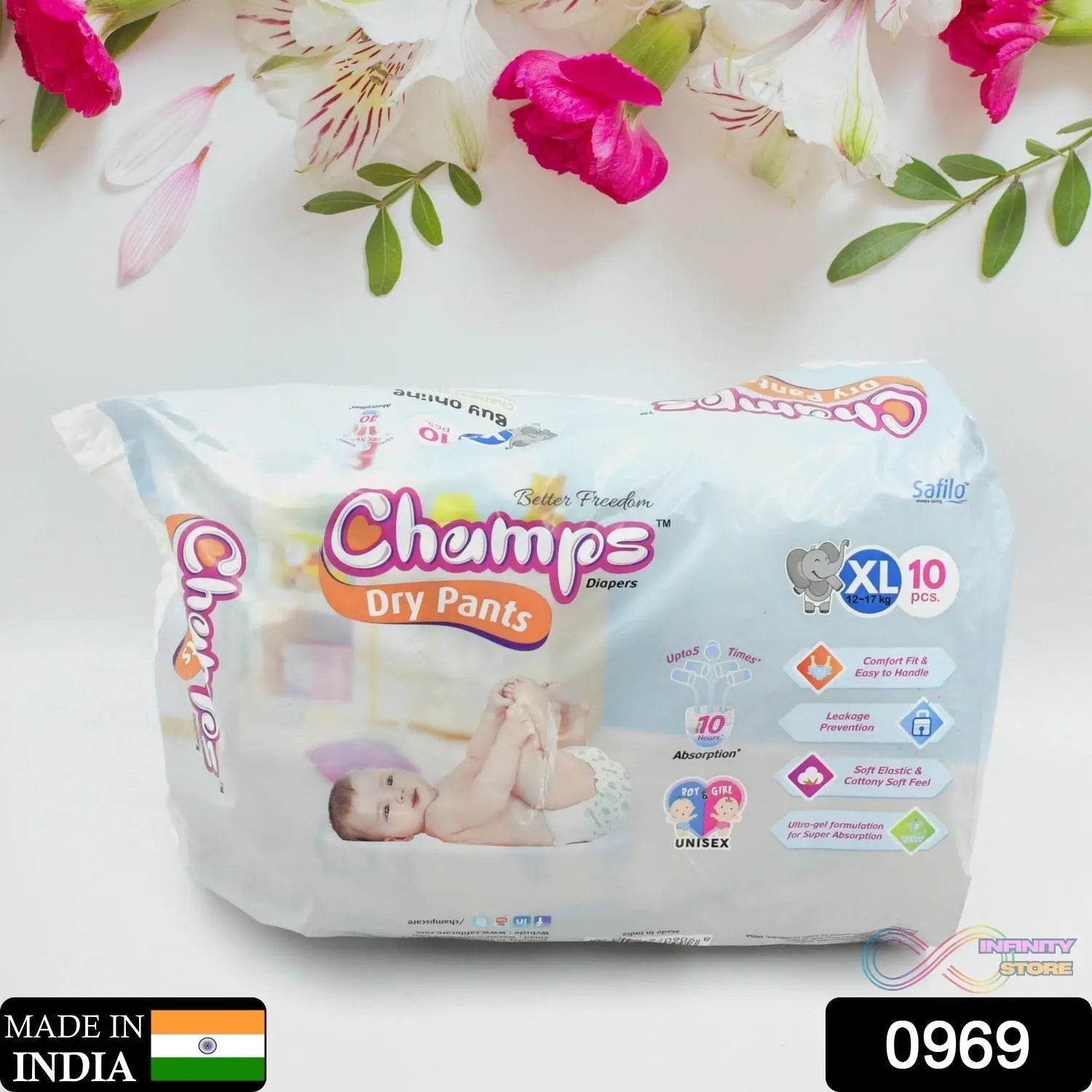Champs Soft & Dry Baby Diaper Pants (XL, 10 Pcs): Leakproof Comfort - infinityexculsivestore.com