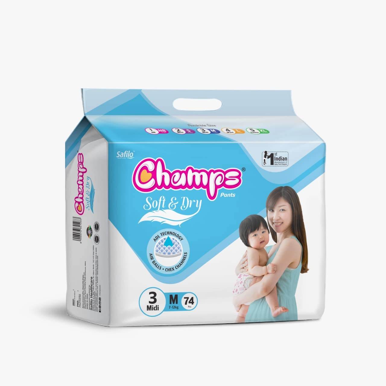 Champs Soft and Dry Baby Diaper Pants 74 Pcs (Medium Size M74) - infinityexculsivestore.com