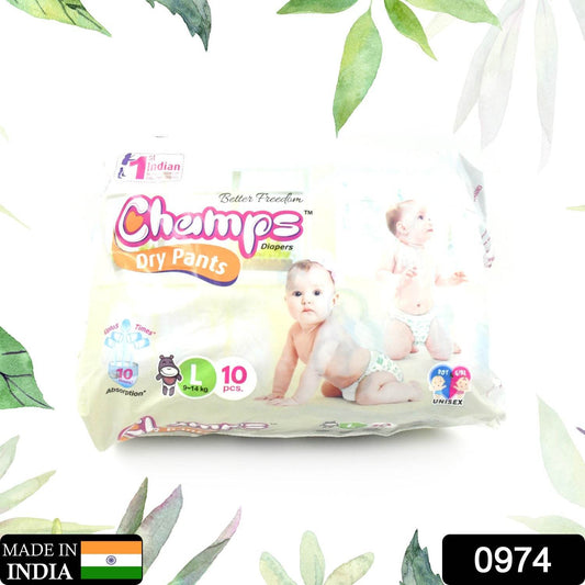 Champs Travel Diapers (Large, 10 Pcs): Leakproof, Soft & Dry, Baby Diaper Pants - infinityexculsivestore.com