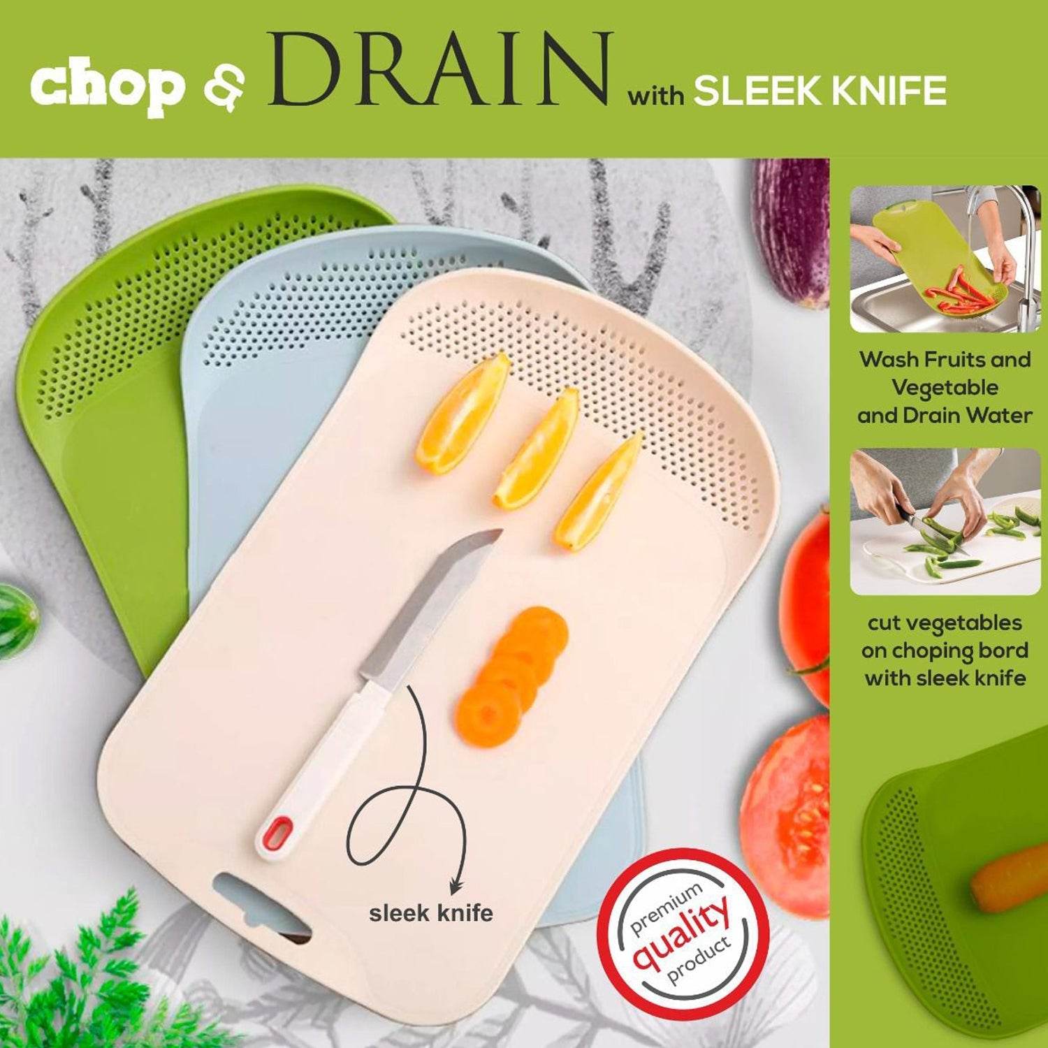 Chop & Drain Vegetables Fruits Chopping Board Sleek Knife - infinityexculsivestore.com