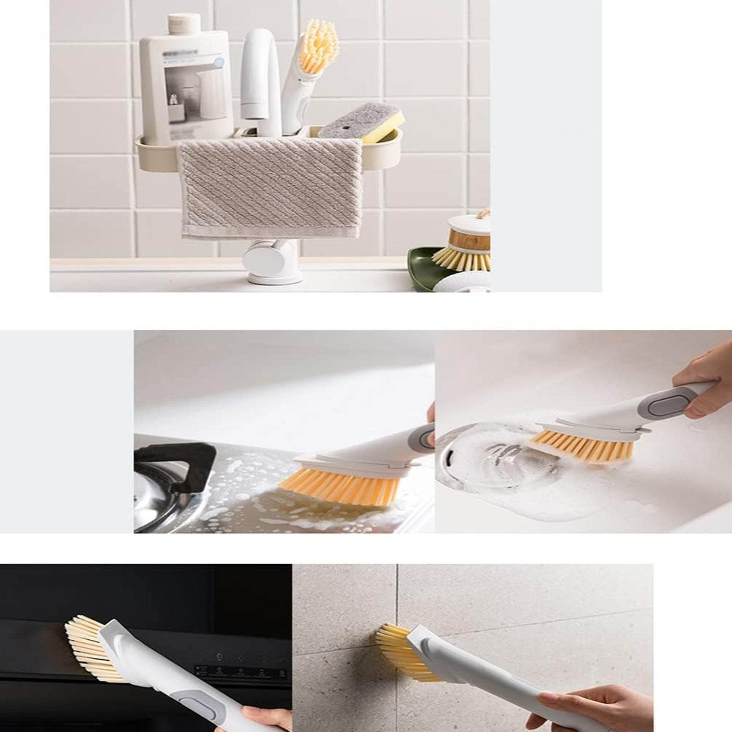 Cleaning Brushes Set, Scrub Brush Bathroom Brush, Long Handle Liquid Dispenser Pot Washing Brush - infinityexculsivestore.com