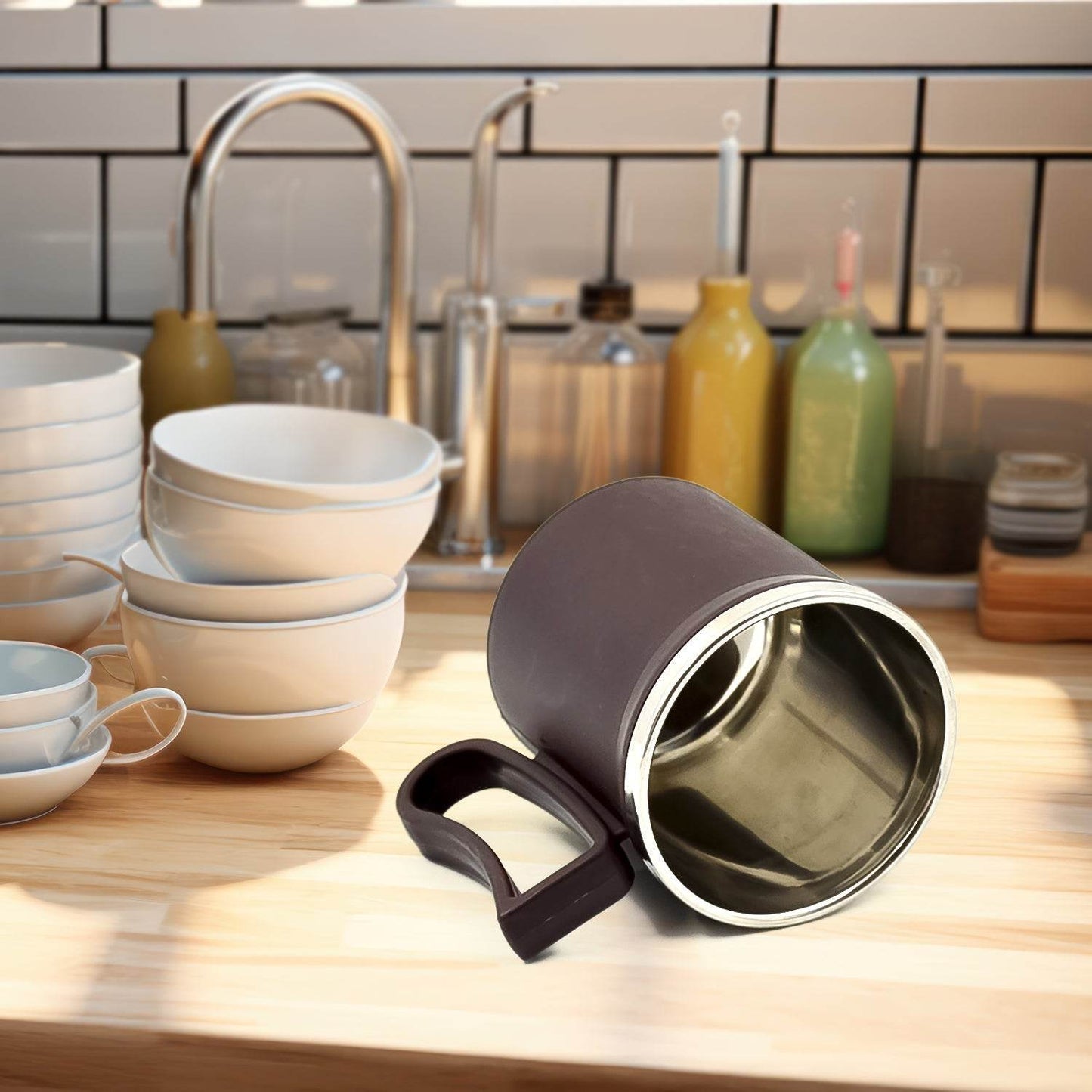 Coffee Mug with Lid and Handle-Plastic Covered Stainless Steel Mug (Random Color, Approx 200 ML) - infinityexculsivestore.com