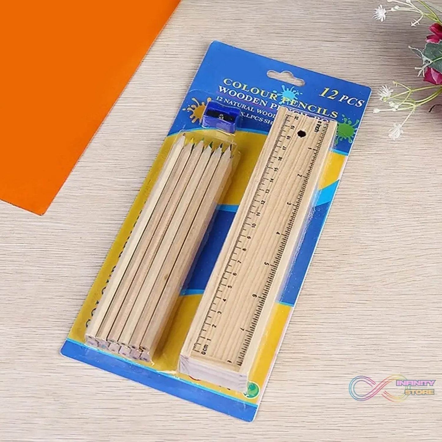 Colorful Wooden Pencil Set with Pencil box, Ruler, Sharpener For for Kids, Artist, Architect (12 Pcs Set) - infinityexculsivestore.com