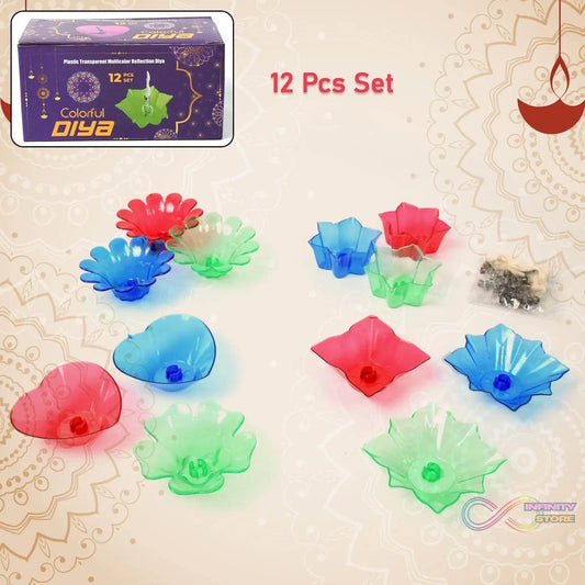 Colourful Reflection Diya Combo Plastic Candle Cup with Multi Shape (12 Pcs Set) - infinityexculsivestore.com
