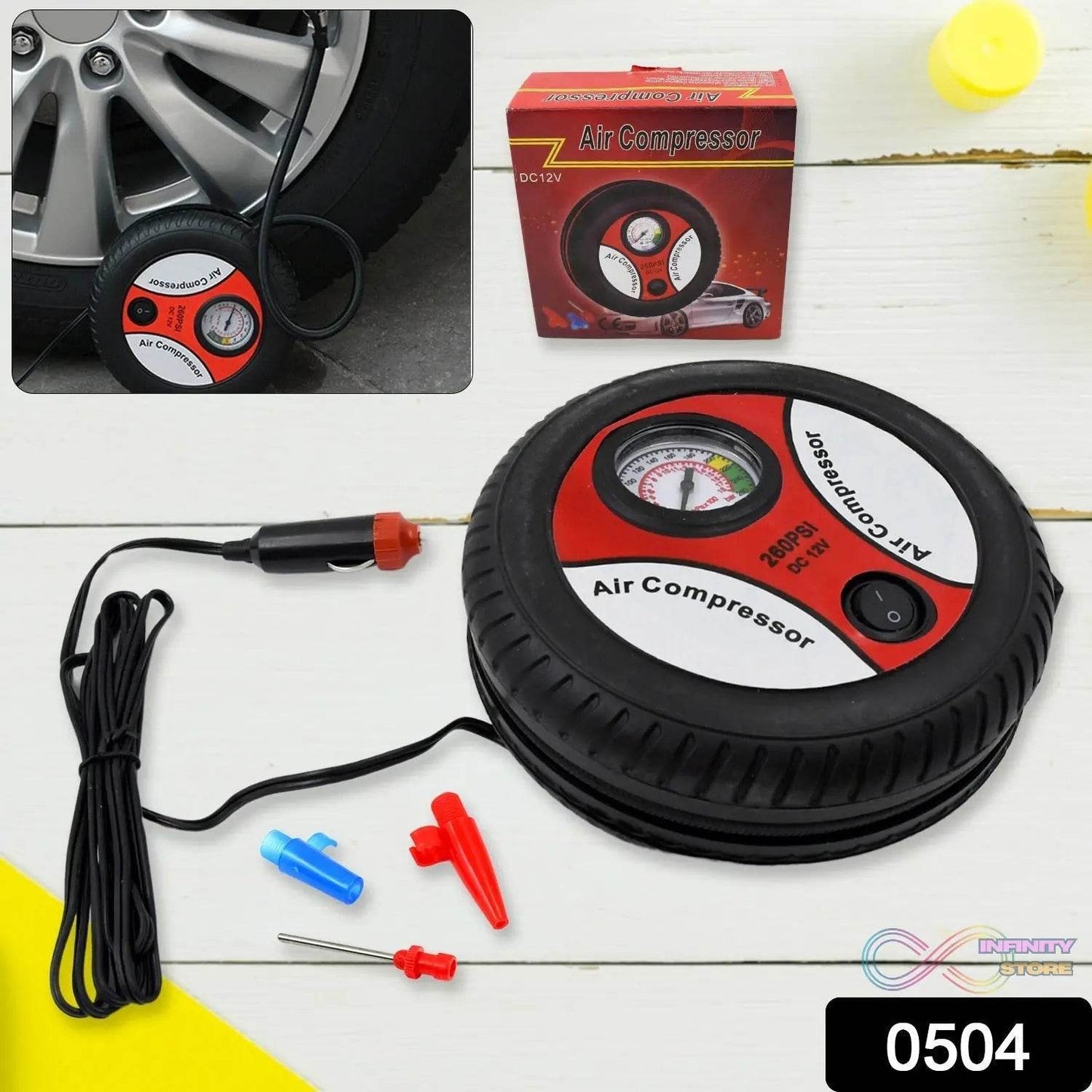 Compressor for Car and Bike 12V 260 PSI Tyre Inflator Air Pump - infinityexculsivestore.com