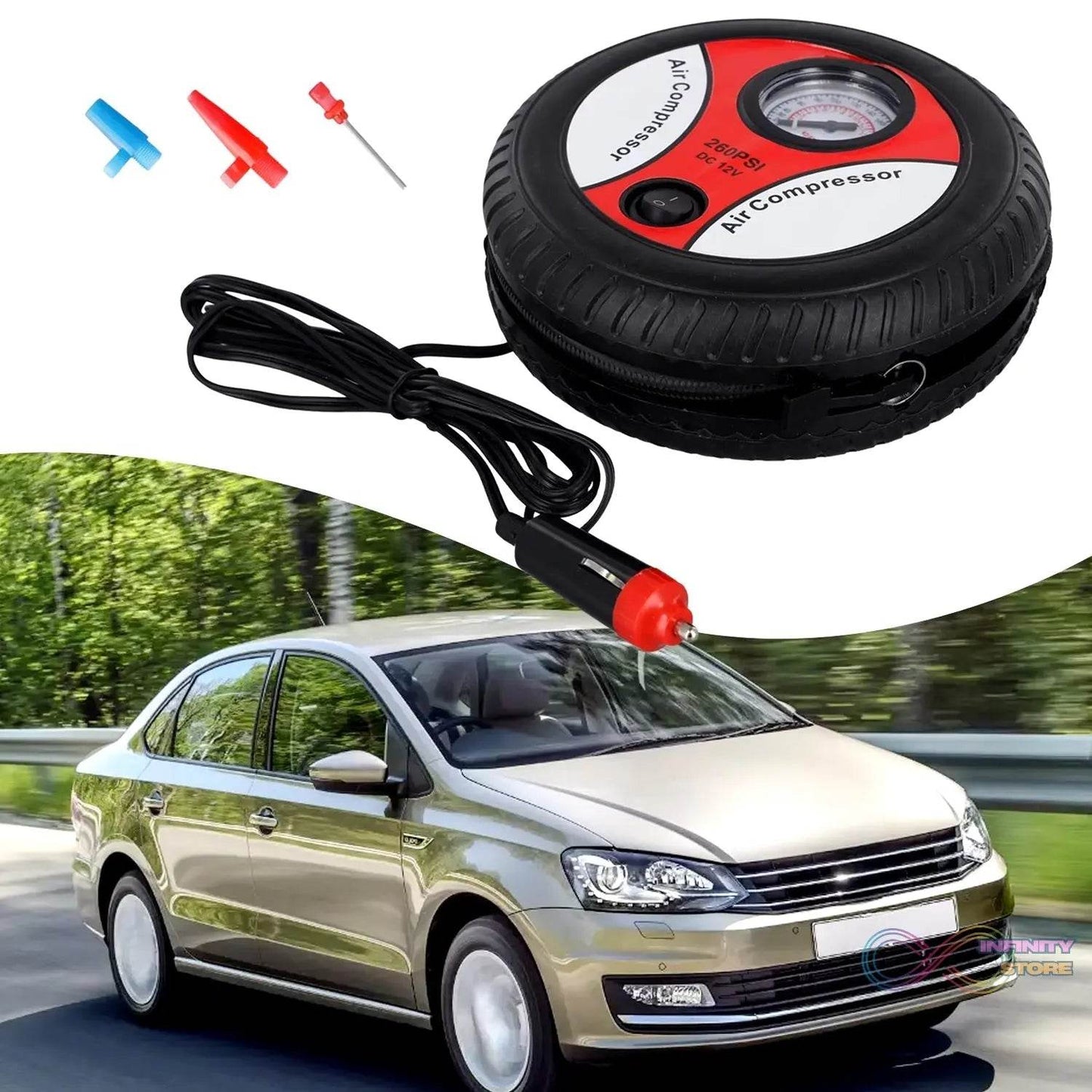 Compressor for Car and Bike 12V 260 PSI Tyre Inflator Air Pump - infinityexculsivestore.com