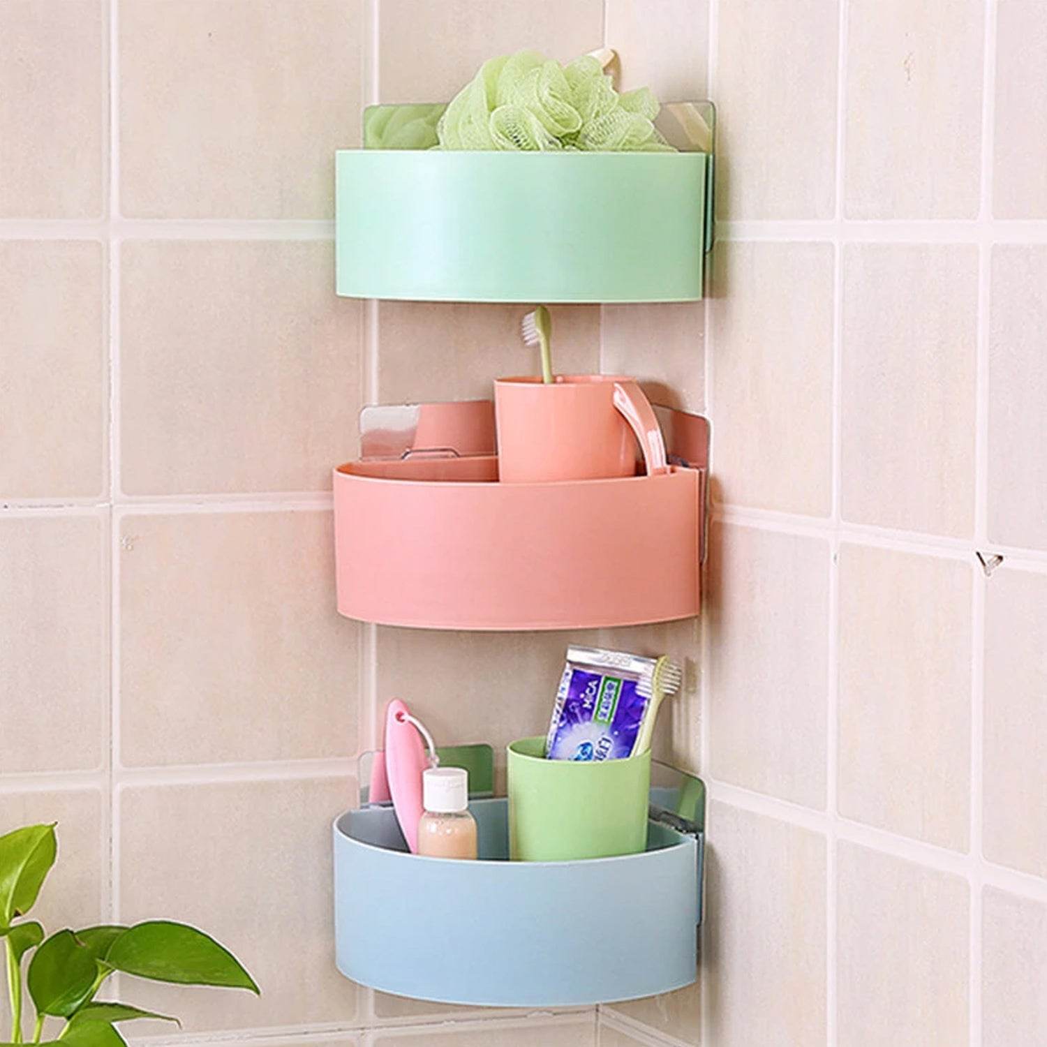 Corner Shelf Bathroom Kitchen Rack Self Adhesive Shower Caddy Plastic Triangle Wall Mount Storage Basket - infinityexculsivestore.com