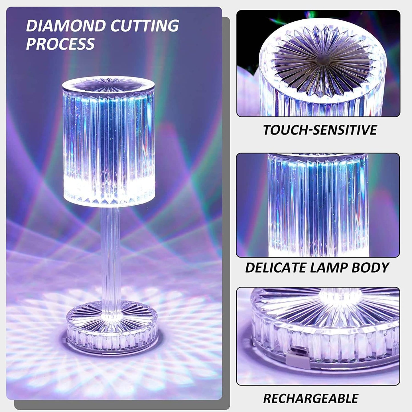 Crystal Table Lamp , Touch Control Atmosphere Nightstand Lamp With USB Charging Line - infinityexculsivestore.com