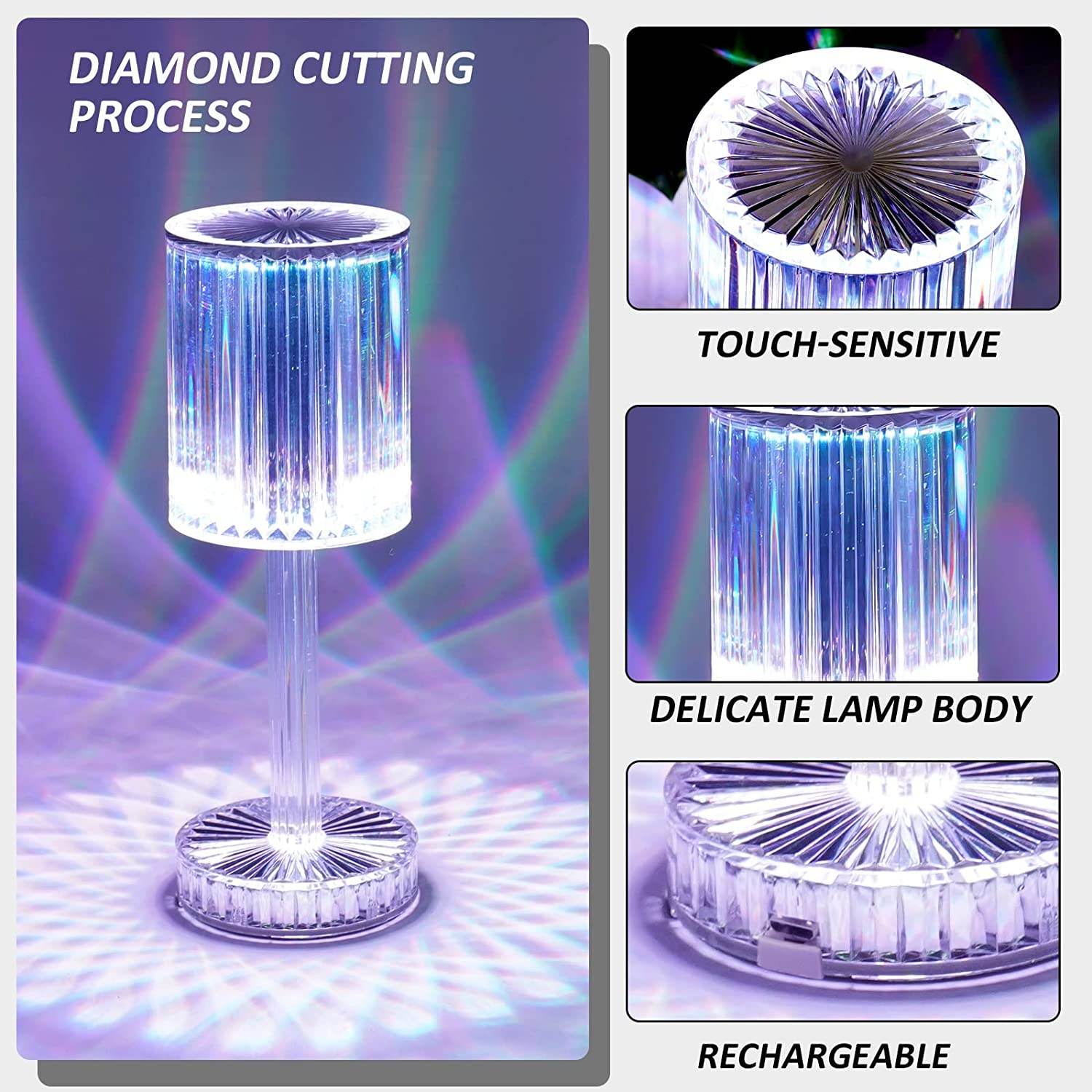 Crystal Table Lamp , Touch Control Atmosphere Nightstand Lamp With USB Charging Line - infinityexculsivestore.com