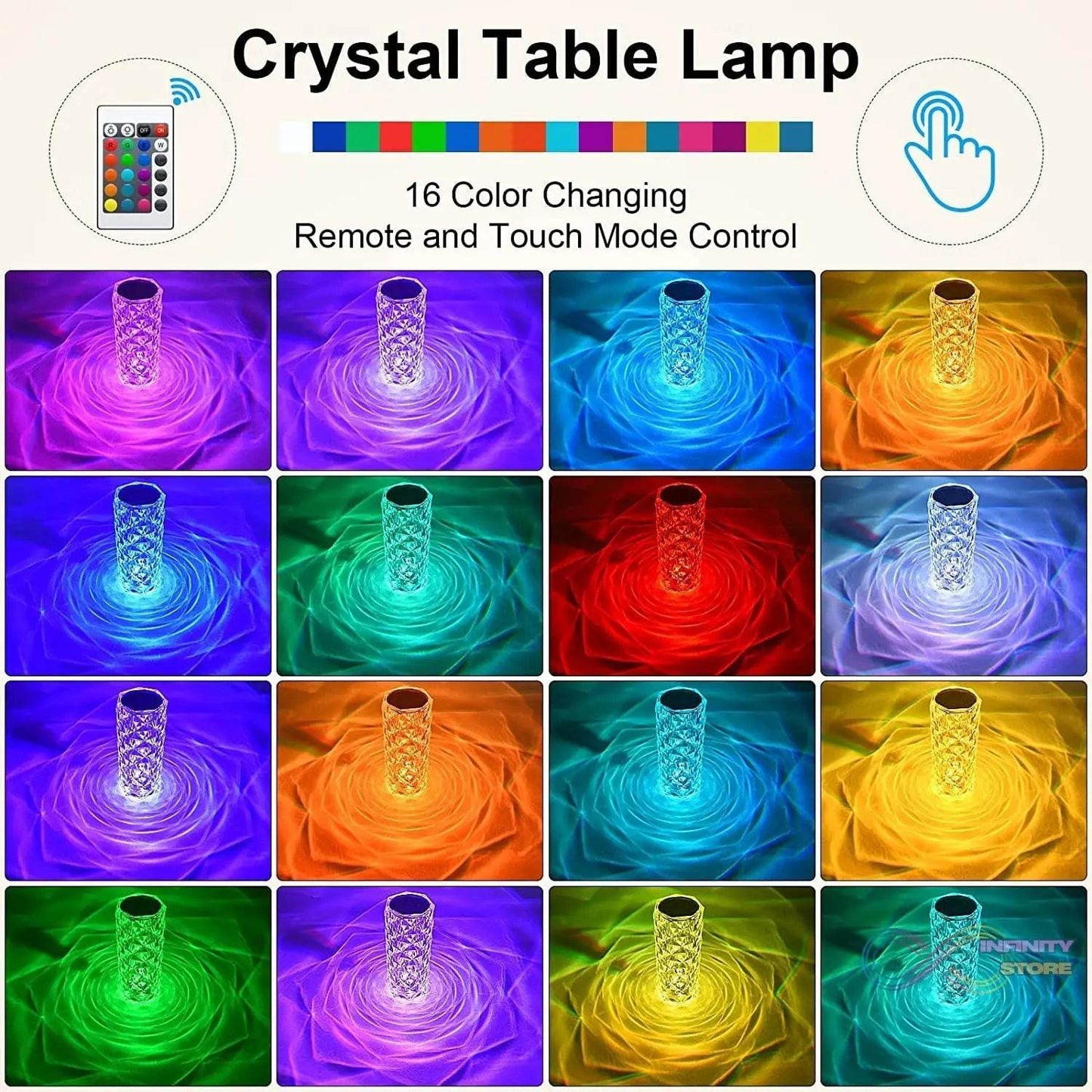 Crystal Touch Night Light (16 Colors) - Rose Diamond Table Lamp with Remote Control, USB Table Lamp, Romantic Date Lighting Decor for Festival, Bedroom, Dining Room - infinityexculsivestore.com