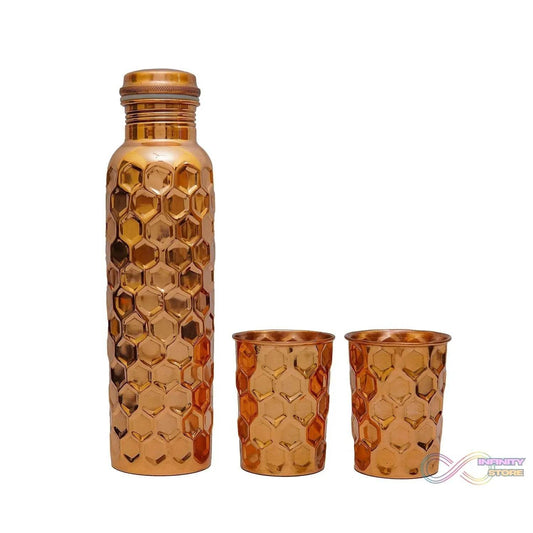 Diamond Cut Copper Water Bottle 2 Glasses with Gift Box (3 Pcs Set) - infinityexculsivestore.com
