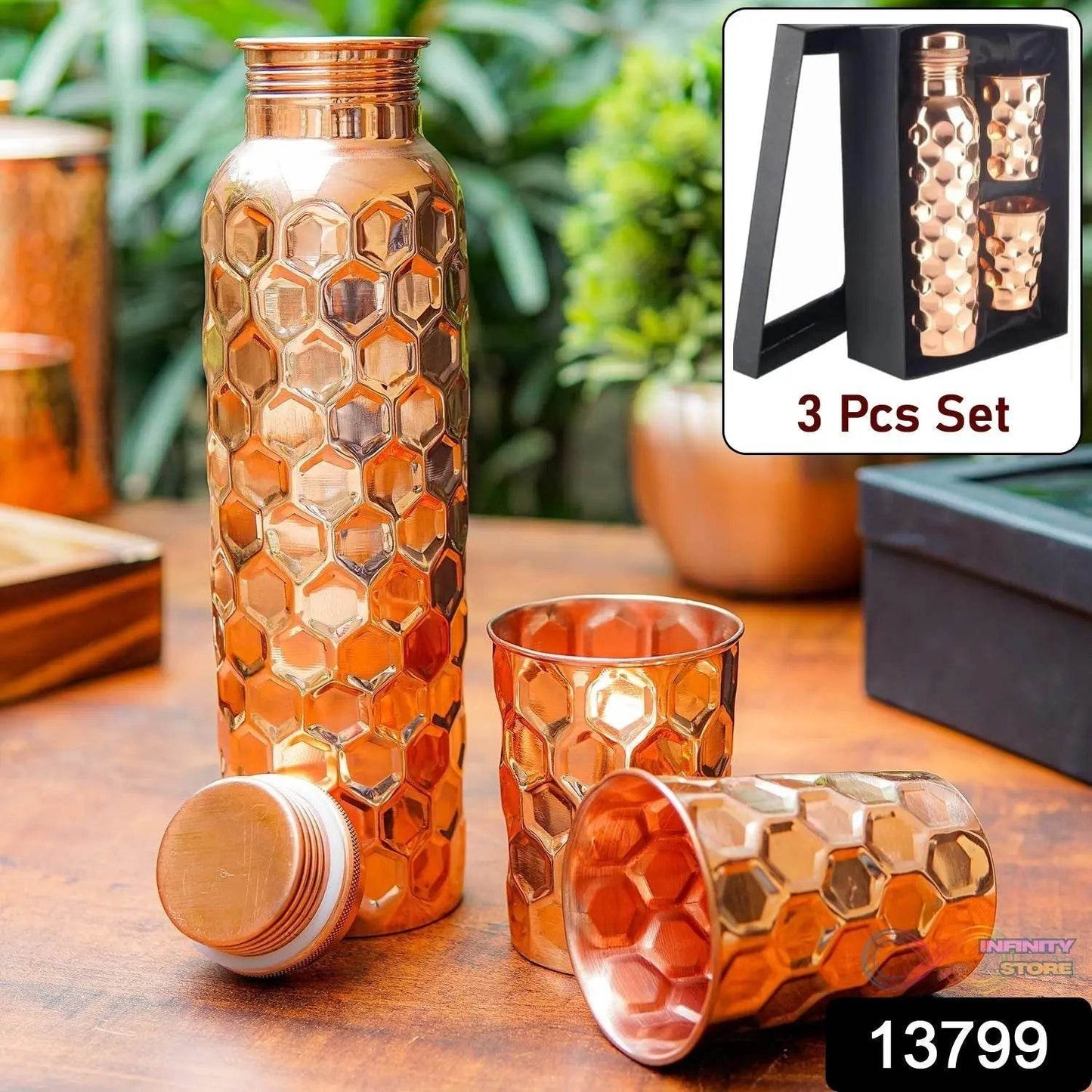 Diamond Cut Copper Water Bottle 2 Glasses with Gift Box (3 Pcs Set) - infinityexculsivestore.com