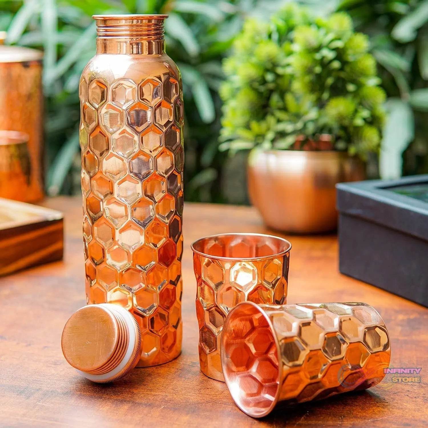 Diamond Cut Copper Water Bottle 2 Glasses with Gift Box (3 Pcs Set) - infinityexculsivestore.com