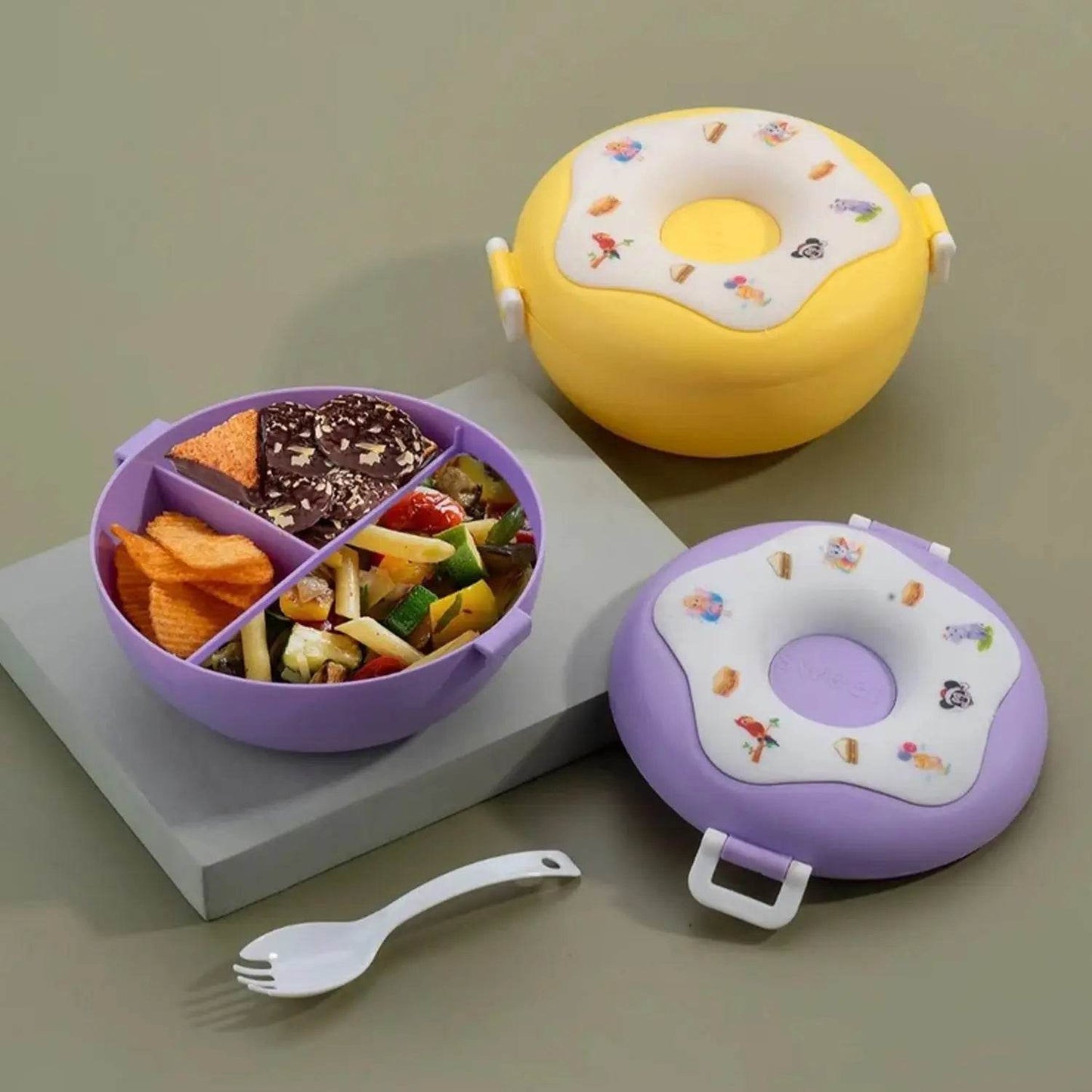 Donut Shaped Double Insulated 3 Compartment Lunch Box (1 Pc / Mix Color) - infinityexculsivestore.com