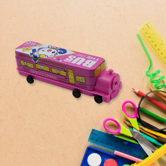 Double Decker Magic Bus Compass 2 Layer Metal Bus Compass Case with Movable Wheels & Sharpener Bus Shape with Tiers Metal Box for Kids Birthday Party - infinityexculsivestore.com