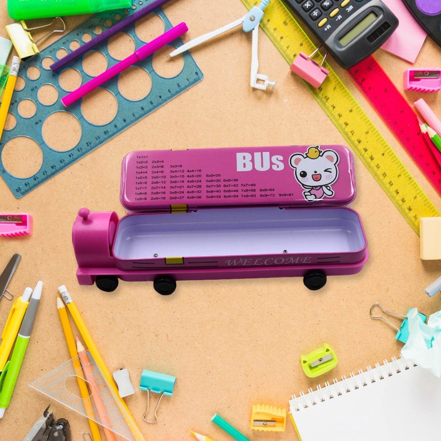 Double Decker Magic Bus Compass 2 Layer Metal Bus Compass Case with Movable Wheels & Sharpener Bus Shape with Tiers Metal Box for Kids Birthday Party - infinityexculsivestore.com