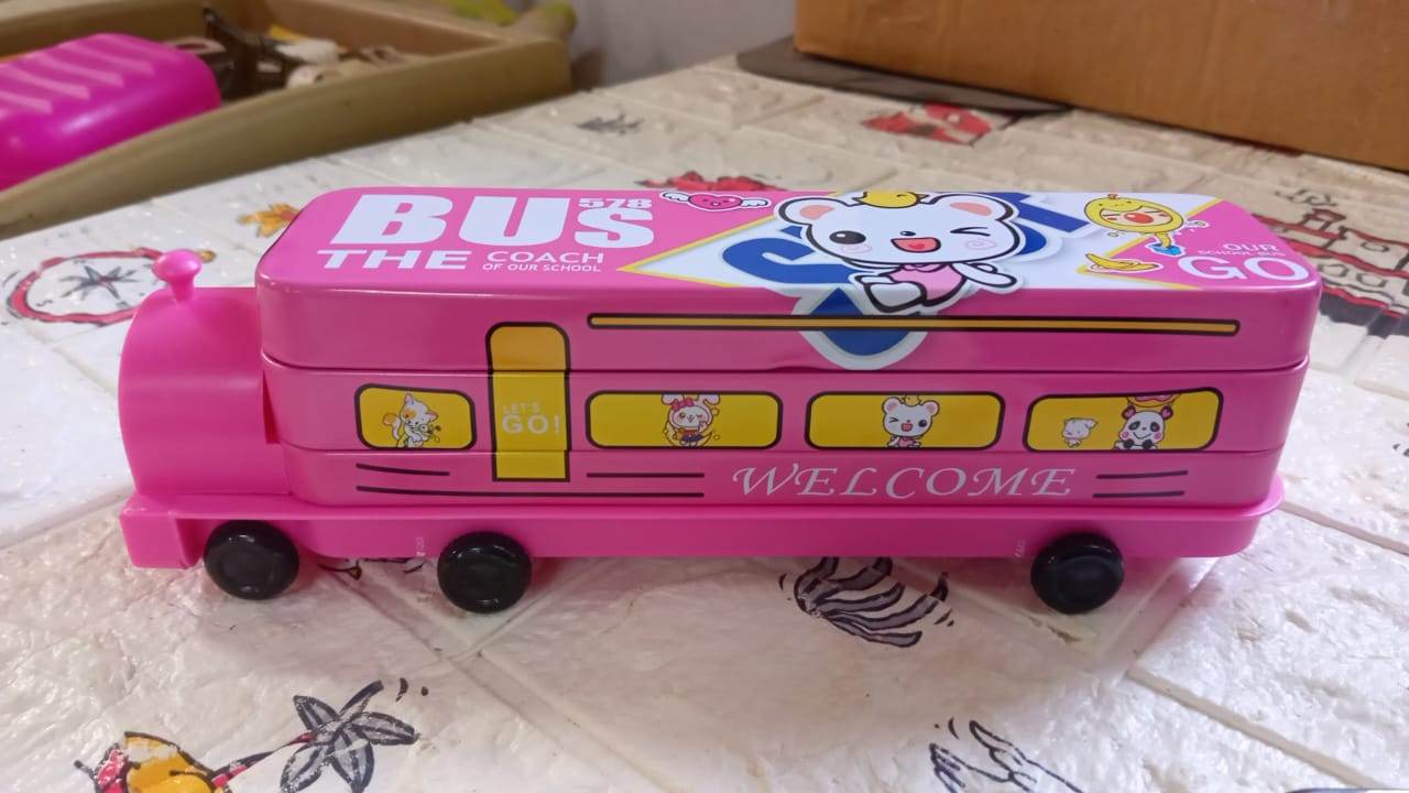 Double Decker Magic Bus Compass 2 Layer Metal Bus Compass Case with Movable Wheels & Sharpener Bus Shape with Tiers Metal Box for Kids Birthday Party - infinityexculsivestore.com