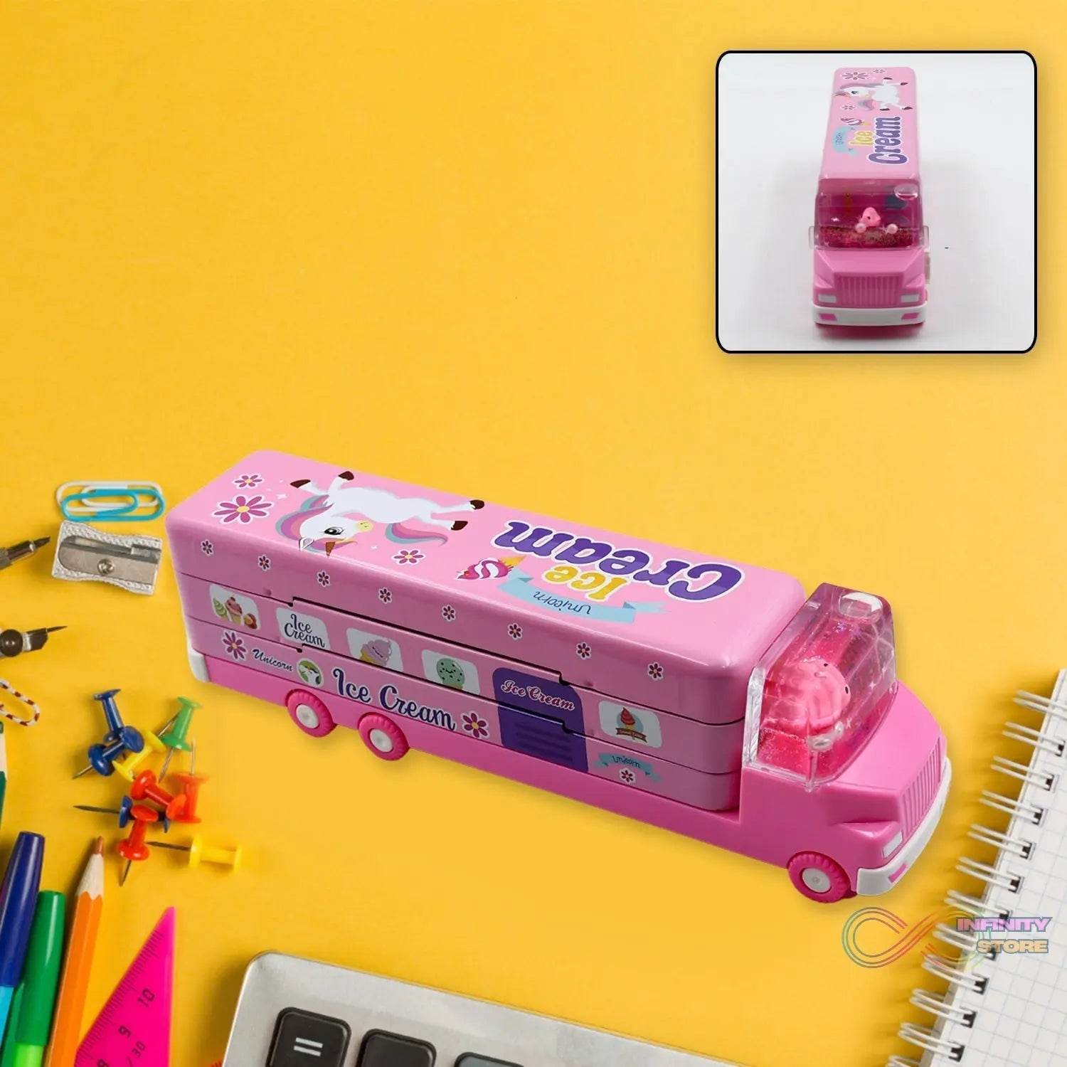 Double Decker Magic Truck Compass Multi Level Metal Truck Compass Pencil Case with Movable Wheels & Sharpener (Mix Design) - infinityexculsivestore.com