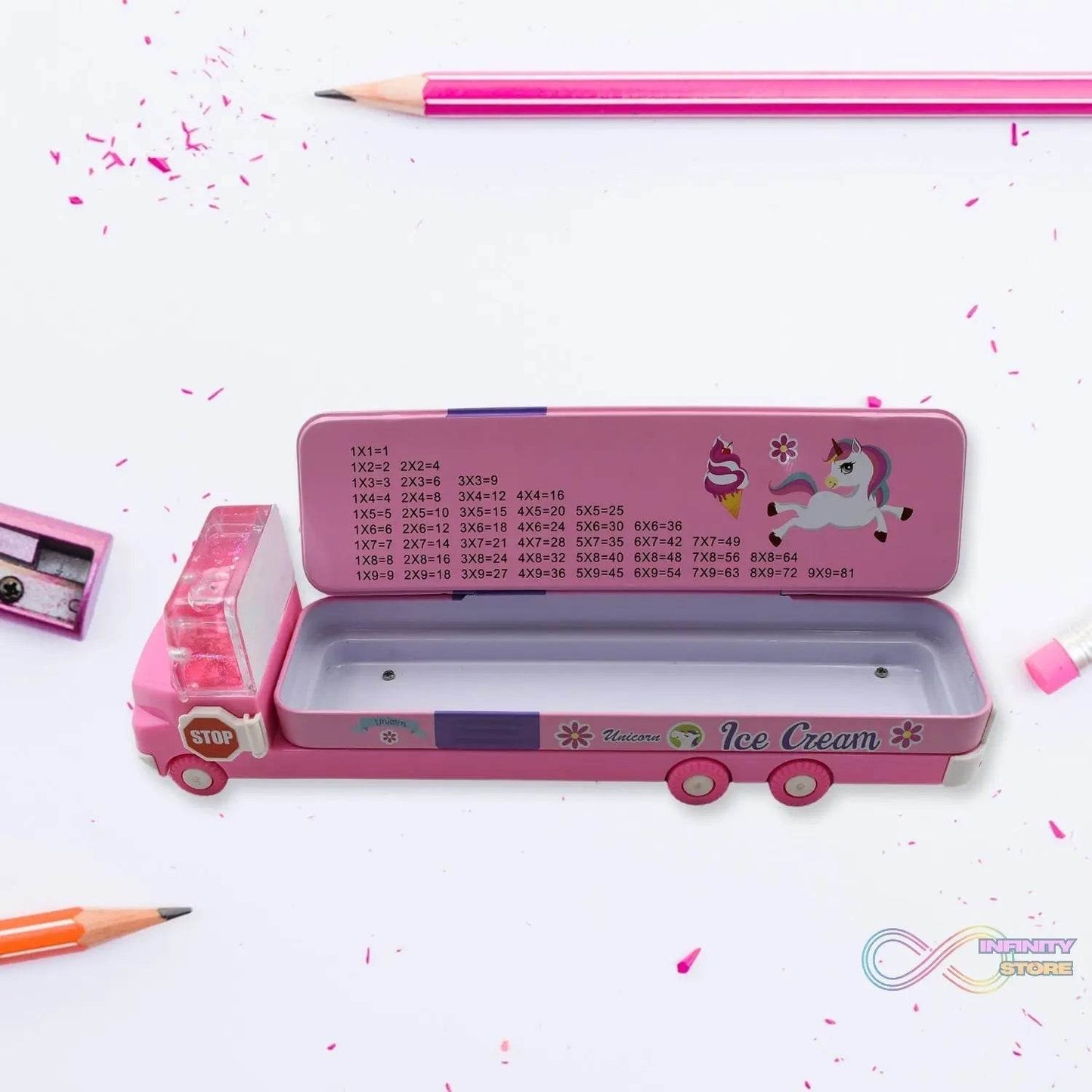 Double Decker Magic Truck Compass Multi Level Metal Truck Compass Pencil Case with Movable Wheels & Sharpener (Mix Design) - infinityexculsivestore.com