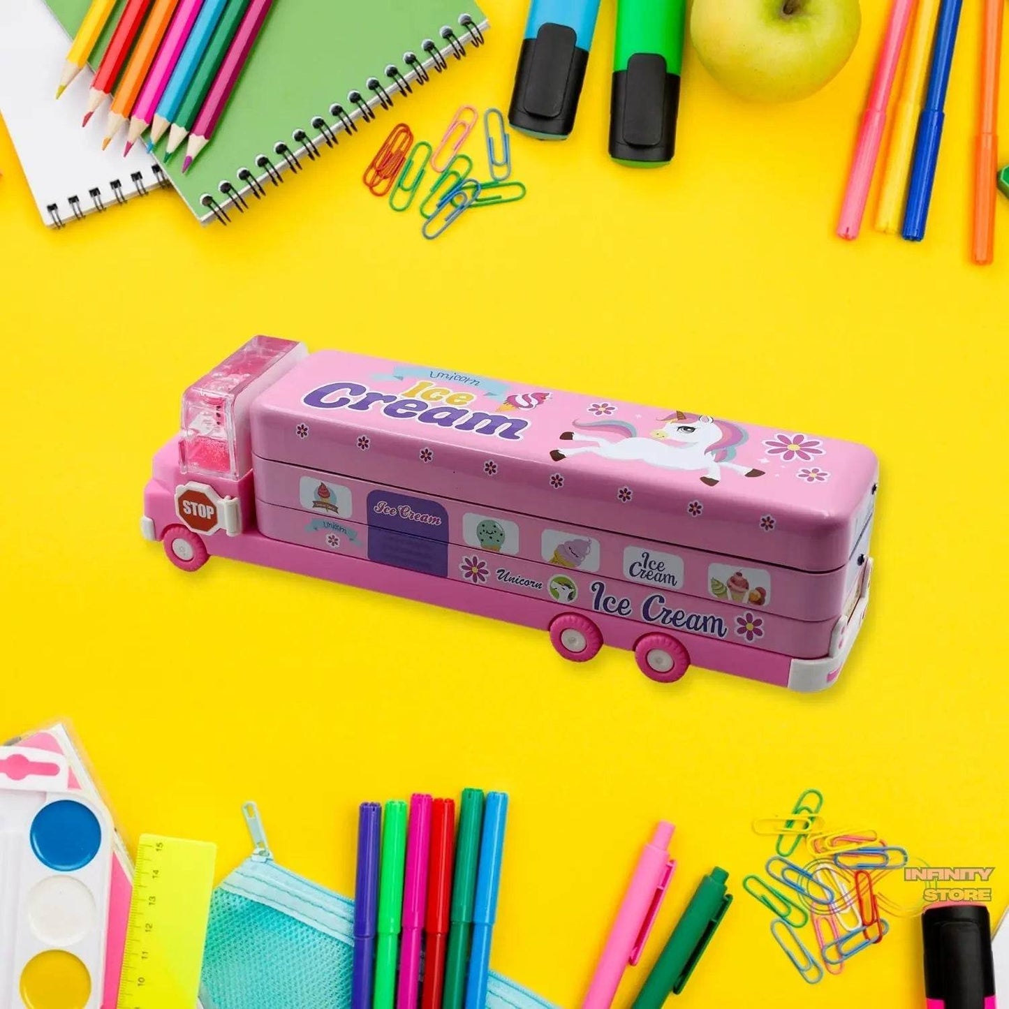 Double Decker Magic Truck Compass Multi Level Metal Truck Compass Pencil Case with Movable Wheels & Sharpener (Mix Design) - infinityexculsivestore.com