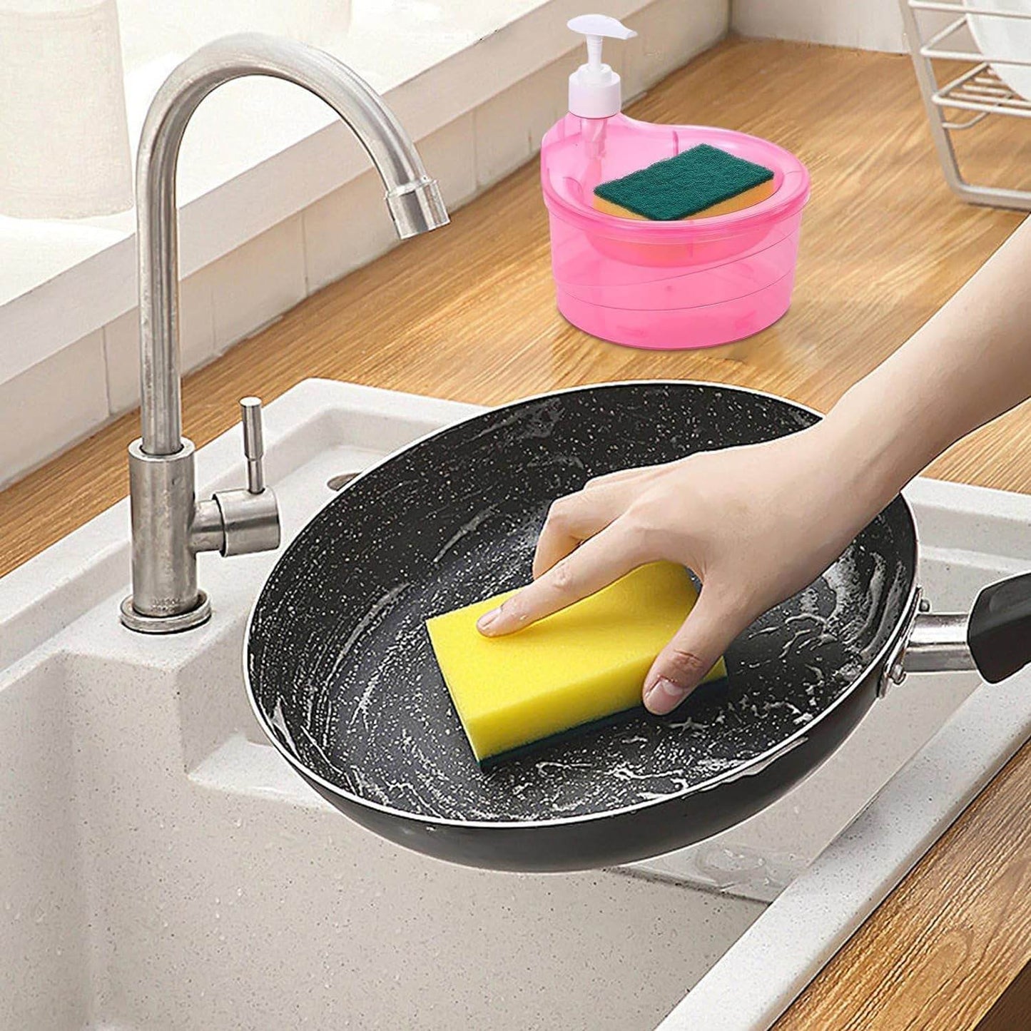 Double Layer Liquid soap Dispenser with Pump and Sponge, Practical for Hotel Sink Clear, Soap Dispensing Liquid Pump Bottle for Home, Kitchen Rectangle ( 2 in 1 ) - infinityexculsivestore.com