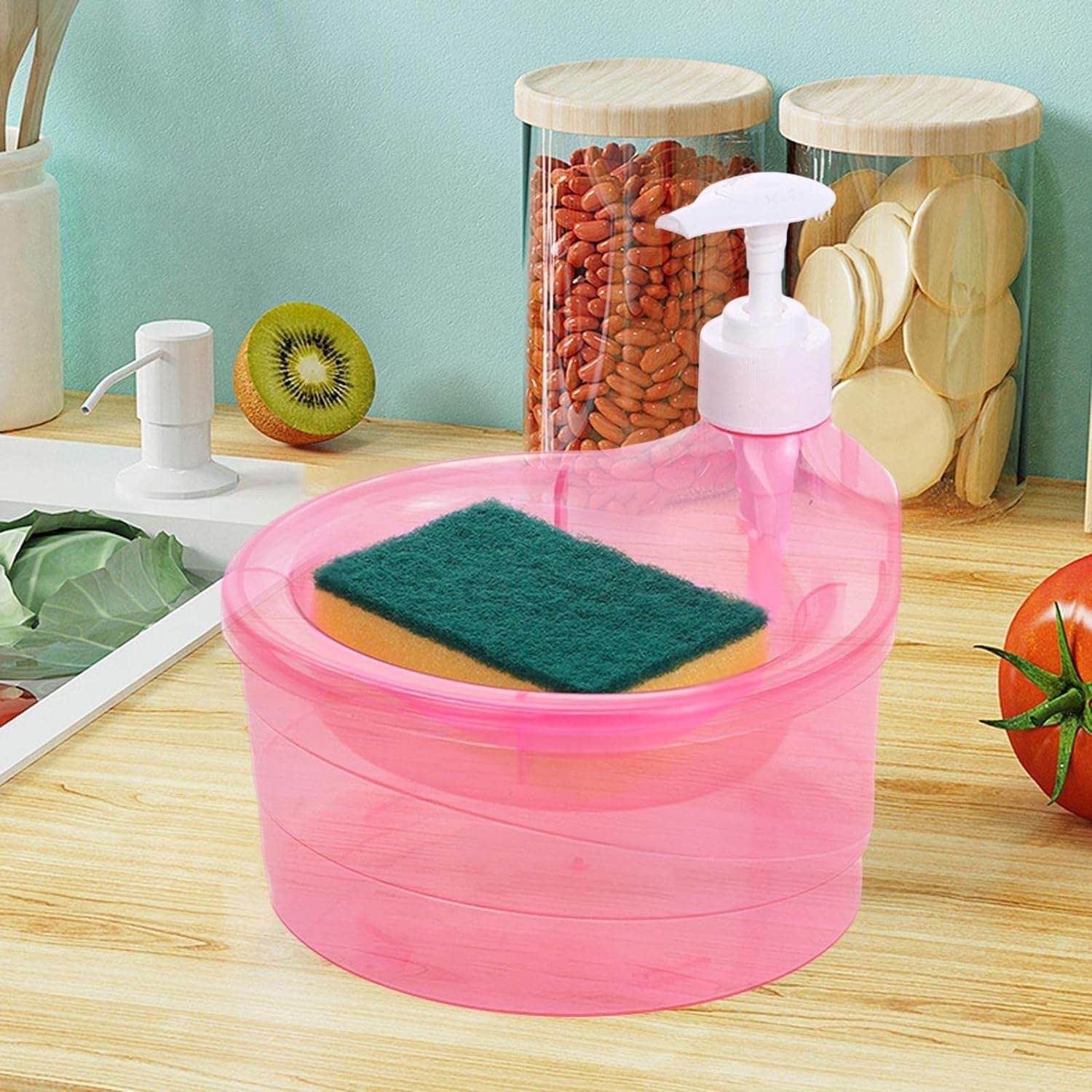 Double Layer Liquid soap Dispenser with Pump and Sponge, Practical for Hotel Sink Clear, Soap Dispensing Liquid Pump Bottle for Home, Kitchen Rectangle ( 2 in 1 ) - infinityexculsivestore.com