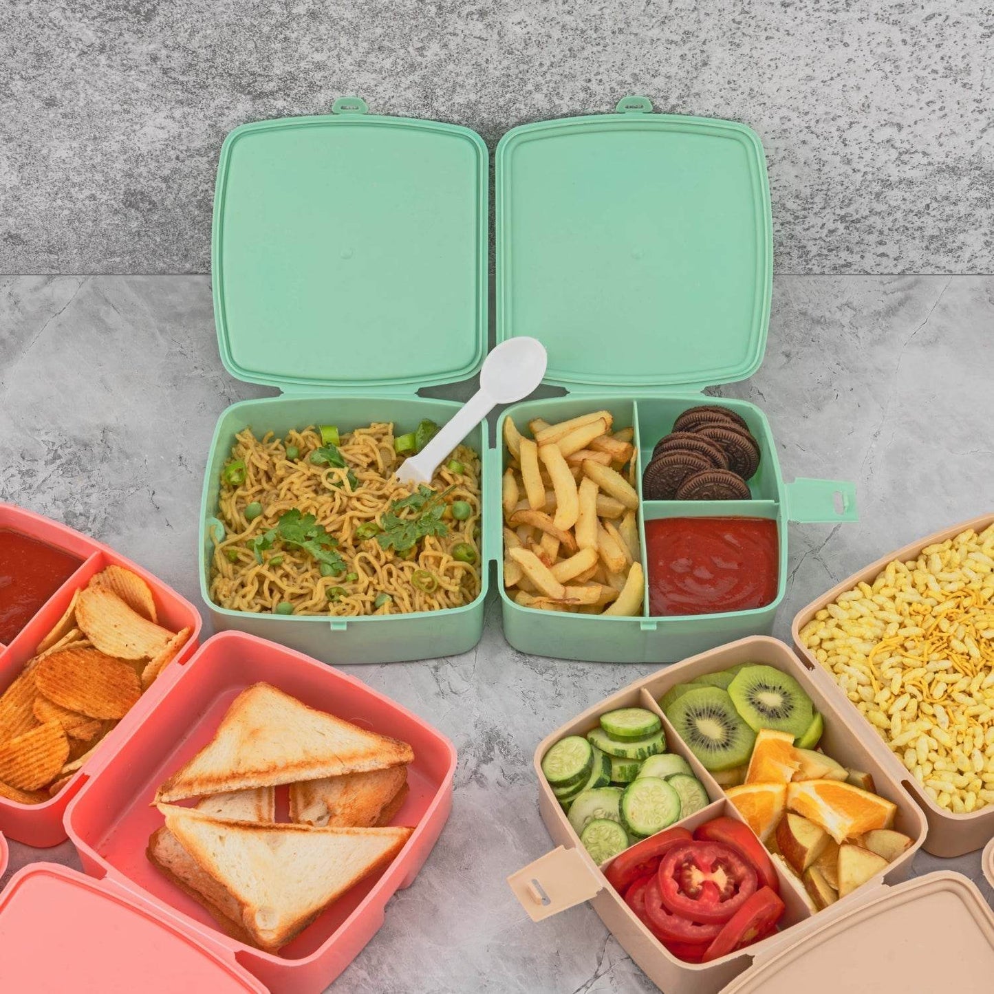 Double-Layer Square Lunch Box with Spoon , 4 Compartment Tiffin & Push Lock , Plastic Tiffin Box for Travelling, School Kids & Office Exclusive, Home - infinityexculsivestore.com