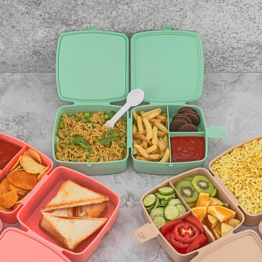 Double-Layer Square Lunch Box with Spoon , 4 Compartment Tiffin & Push Lock , Plastic Tiffin Box for Travelling, School Kids & Office Exclusive, Home - infinityexculsivestore.com