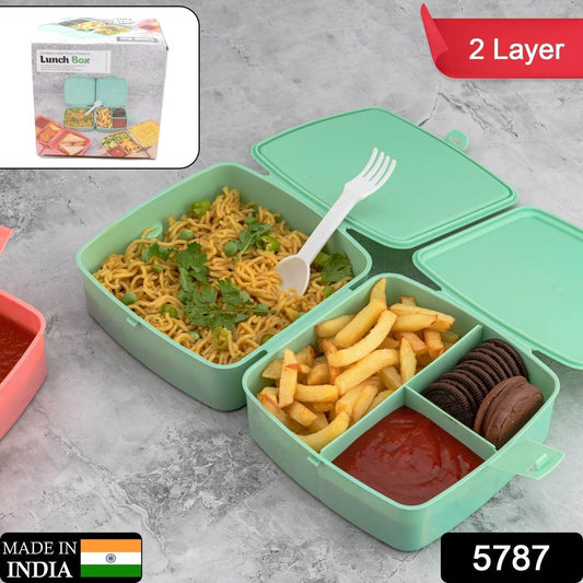 Double-Layer Square Lunch Box with Spoon , 4 Compartment Tiffin & Push Lock , Plastic Tiffin Box for Travelling, School Kids & Office Exclusive, Home - infinityexculsivestore.com
