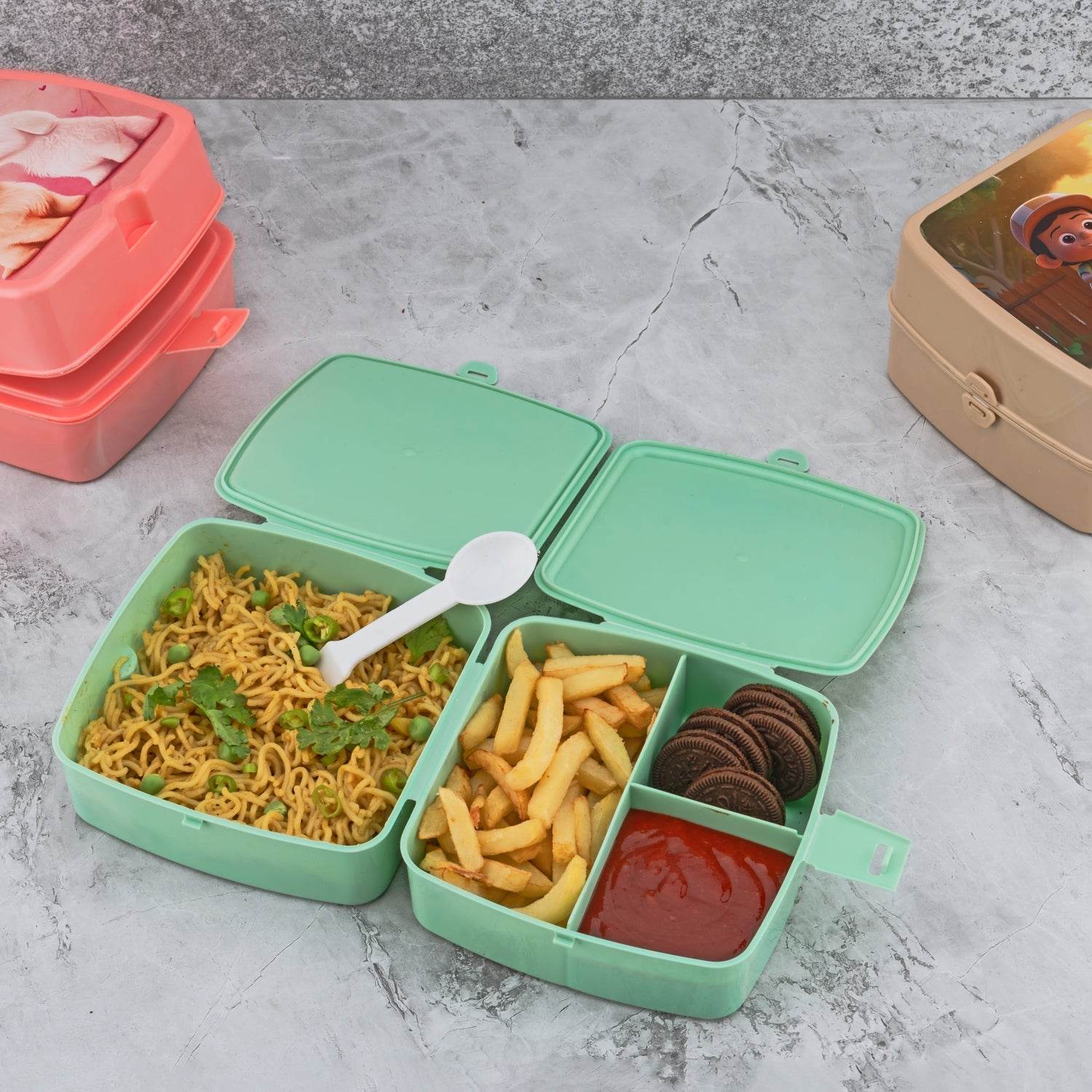 Double-Layer Square Lunch Box with Spoon , 4 Compartment Tiffin & Push Lock , Plastic Tiffin Box for Travelling, School Kids & Office Exclusive, Home - infinityexculsivestore.com