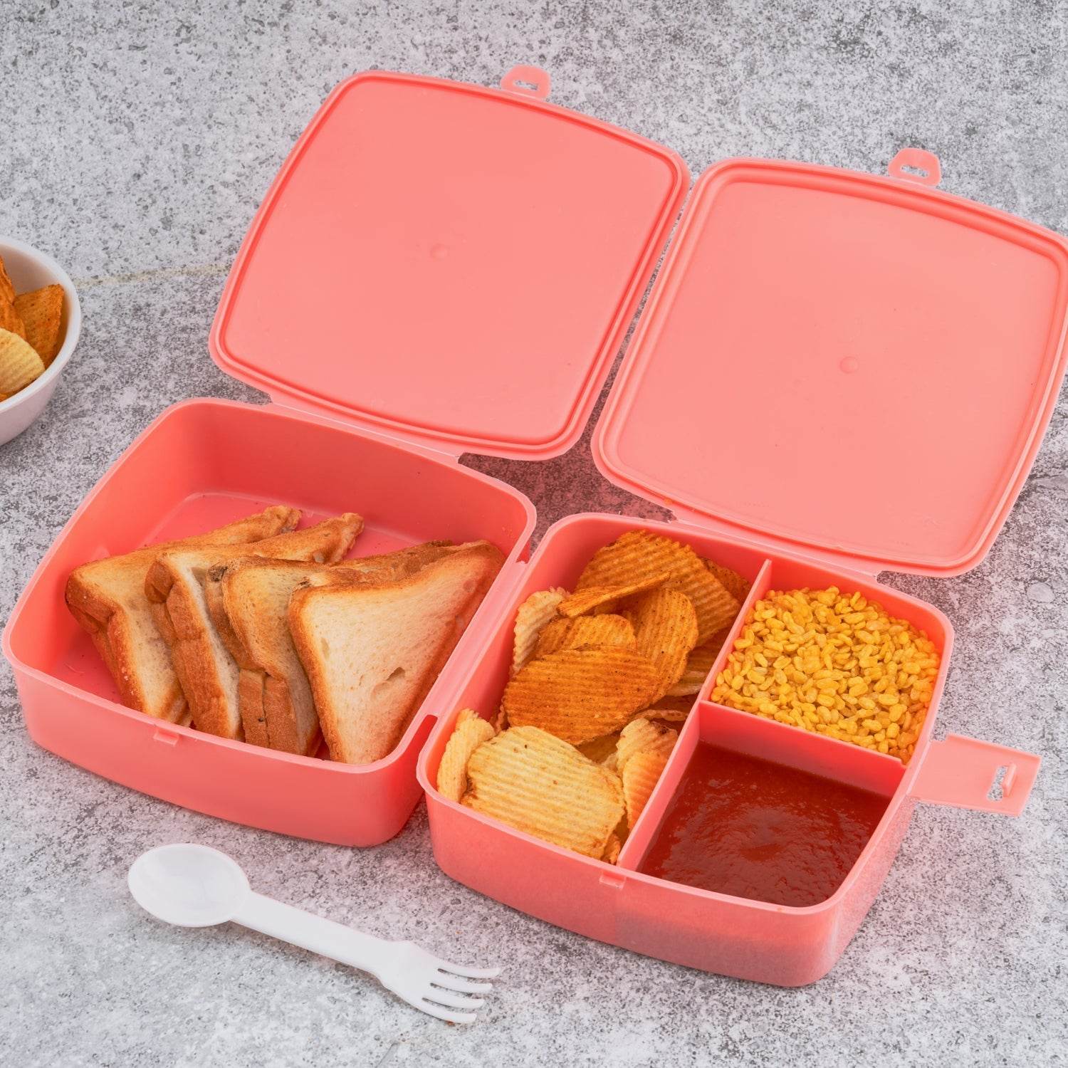 Double-Layer Square Lunch Box with Spoon , 4 Compartment Tiffin & Push Lock , Plastic Tiffin Box for Travelling, School Kids & Office Exclusive, Home - infinityexculsivestore.com