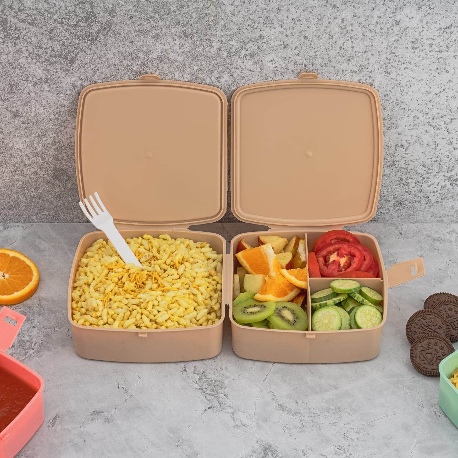 Double-Layer Square Lunch Box with Spoon , 4 Compartment Tiffin & Push Lock , Plastic Tiffin Box for Travelling, School Kids & Office Exclusive, Home - infinityexculsivestore.com