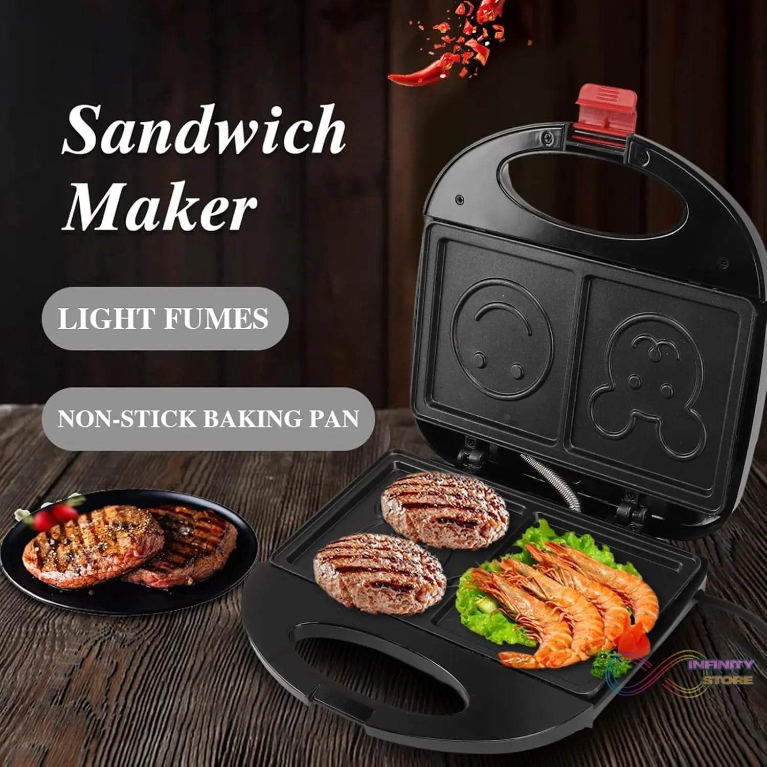 Double Sided Heating 750W Electric Sandwich Maker (1 Pc) - infinityexculsivestore.com