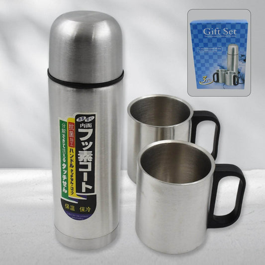 Double Wall Stainless Steel Thermos Flask 500ml Vacuum Insulated Gift Set with Two Cups Hot & Cold, Stainless Steel, Diwali Gifts for Employees, Corporate Gift Item (3 Pcs Set) - infinityexculsivestore.com