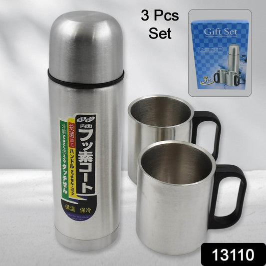 Double Wall Stainless Steel Thermos Flask 500ml Vacuum Insulated Gift Set with Two Cups Hot & Cold, Stainless Steel, Diwali Gifts for Employees, Corporate Gift Item (3 Pcs Set) - infinityexculsivestore.com