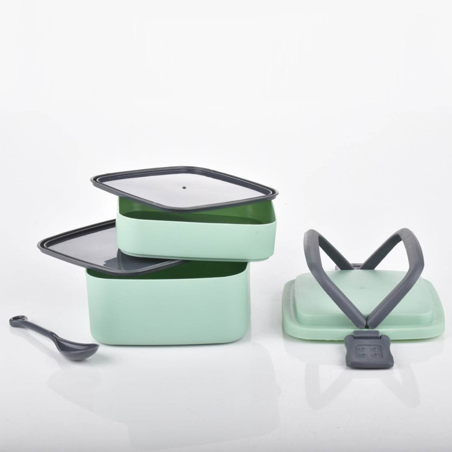 GREEN DOUBLE-LAYER PORTABLE LUNCH BOX STACKABLE WITH CARRYING HANDLE AND SPOON LUNCH BOX , Bento Lunch Box - infinityexculsivestore.com