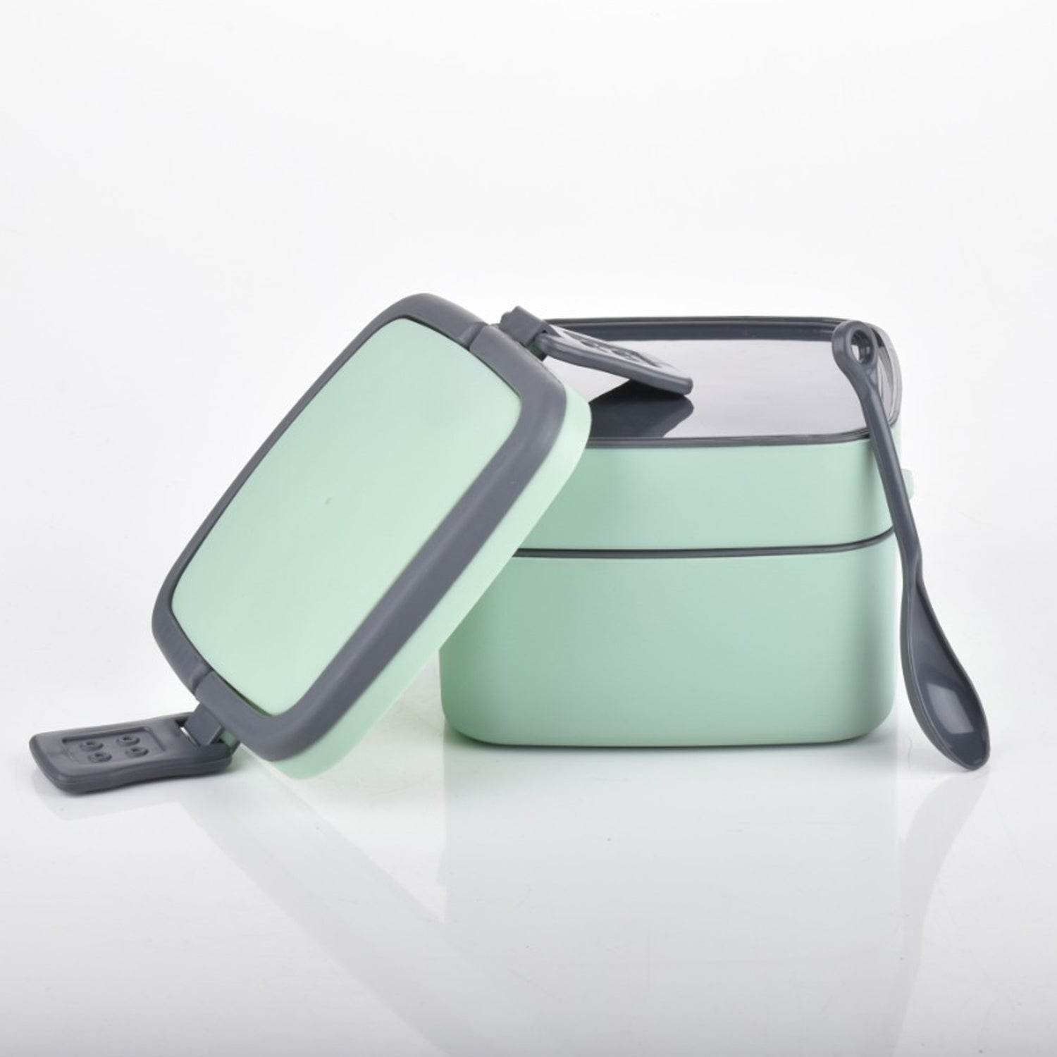 GREEN DOUBLE-LAYER PORTABLE LUNCH BOX STACKABLE WITH CARRYING HANDLE AND SPOON LUNCH BOX , Bento Lunch Box - infinityexculsivestore.com