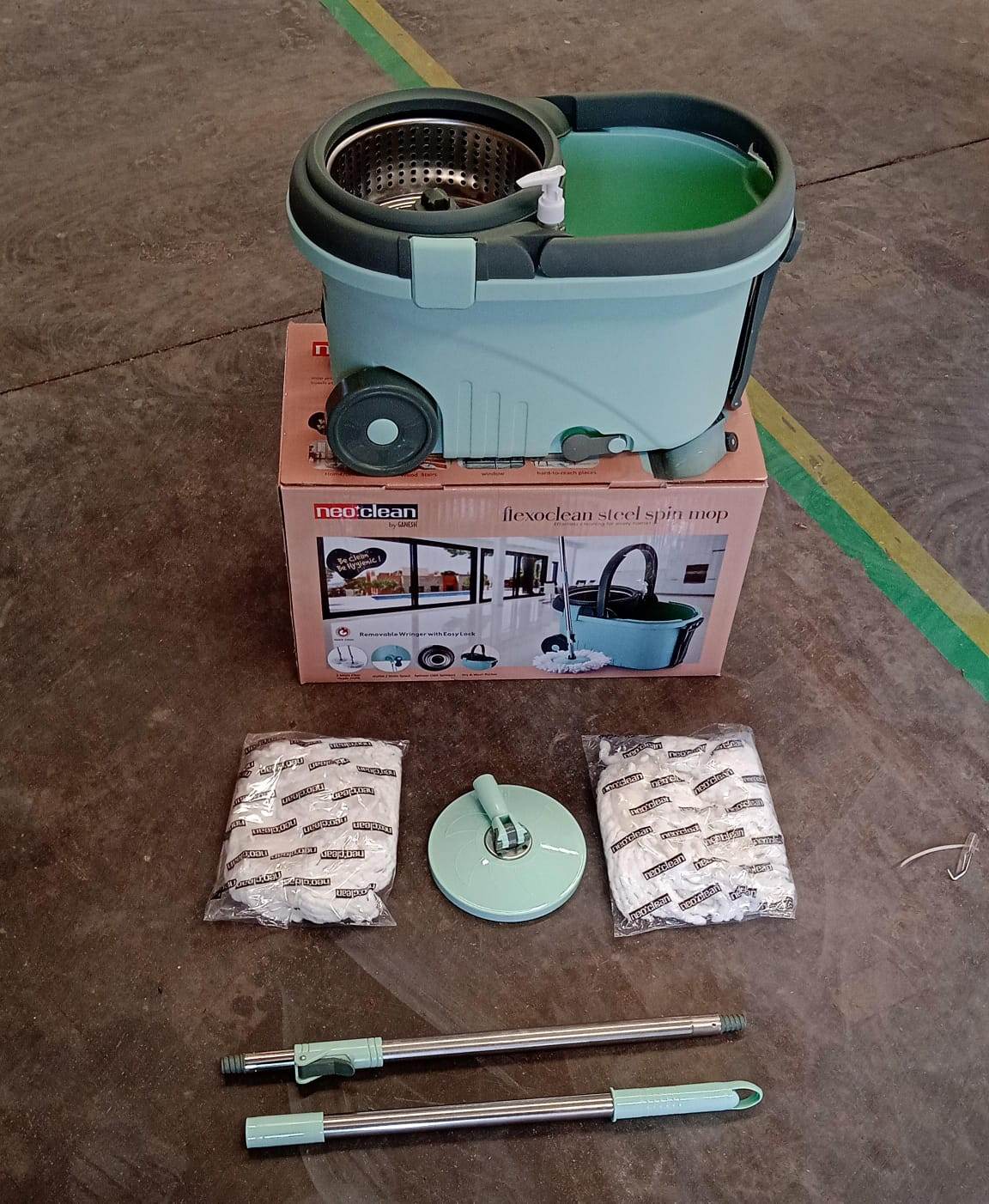 Ganesh Quick Spin Mop Steel Spin, Bucket Floor Cleaning, Easy Wheels & Big Bucket, Floor Cleaning Mop With Bucket, 2 Micro fiber head / Refill - infinityexculsivestore.com