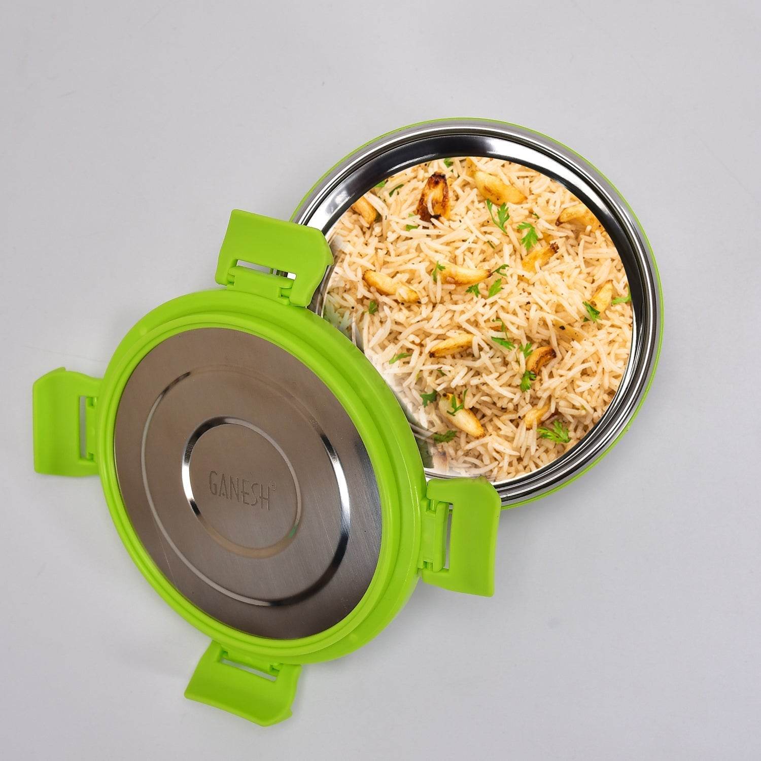 Ganesh Solo round 400 Stainless Steel Leak proof airtight Lunch Pack for Office & School Use - infinityexculsivestore.com