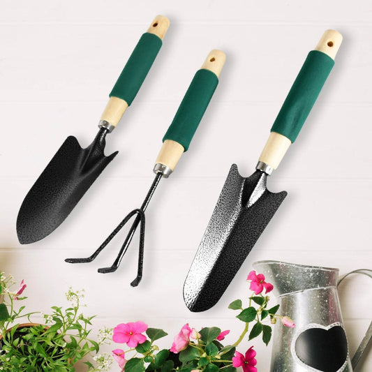 Gardening Tools - Hand Cultivator, Trowel, Heavy Duty with Ergonomic Wooden Handle for Transplanting and Digging (3 Pcs Set) - infinityexculsivestore.com