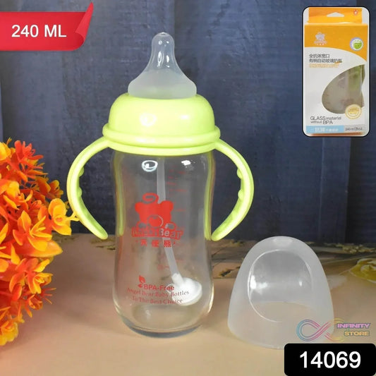 Glass Baby Feeding Bottle with Handles & Straw (240 ML / 1 Pc) - infinityexculsivestore.com