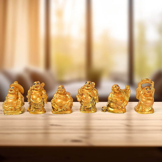 Golden Laughing Buddha Set Of Six Pieces Statue For Happiness, Wealth & Good luck Decor For Wealth and Success (6 Pcs Set) - infinityexculsivestore.com