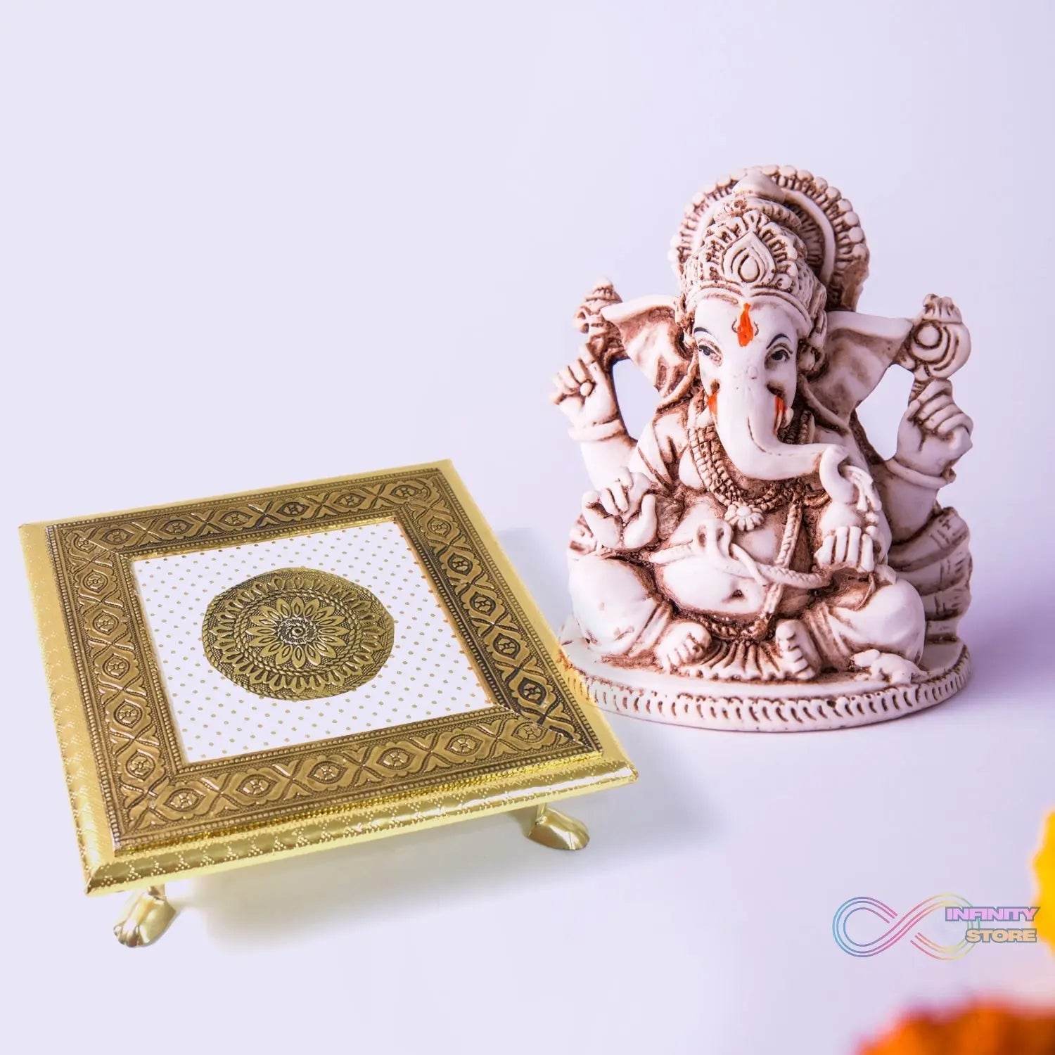 Golden - Square Pooja Chowki Patla / Bajot (20×20 CM / 1 Pc) - infinityexculsivestore.com