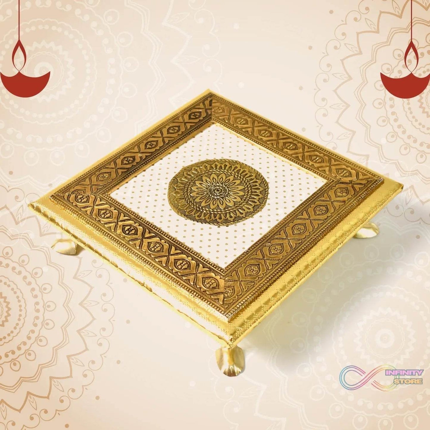 Golden - Square Pooja Chowki Patla / Bajot (20×20 CM / 1 Pc) - infinityexculsivestore.com