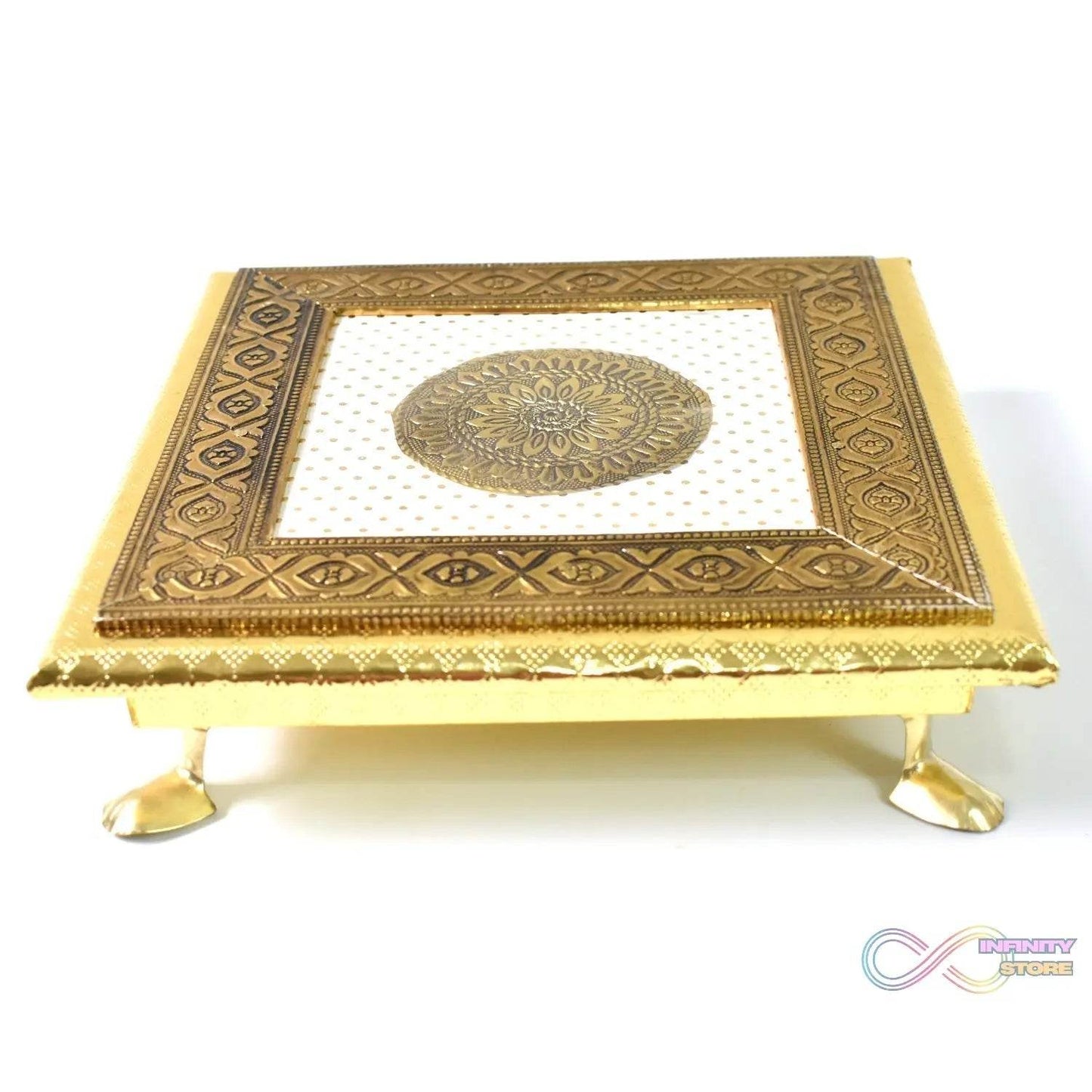 Golden - Square Pooja Chowki Patla / Bajot (20×20 CM / 1 Pc) - infinityexculsivestore.com